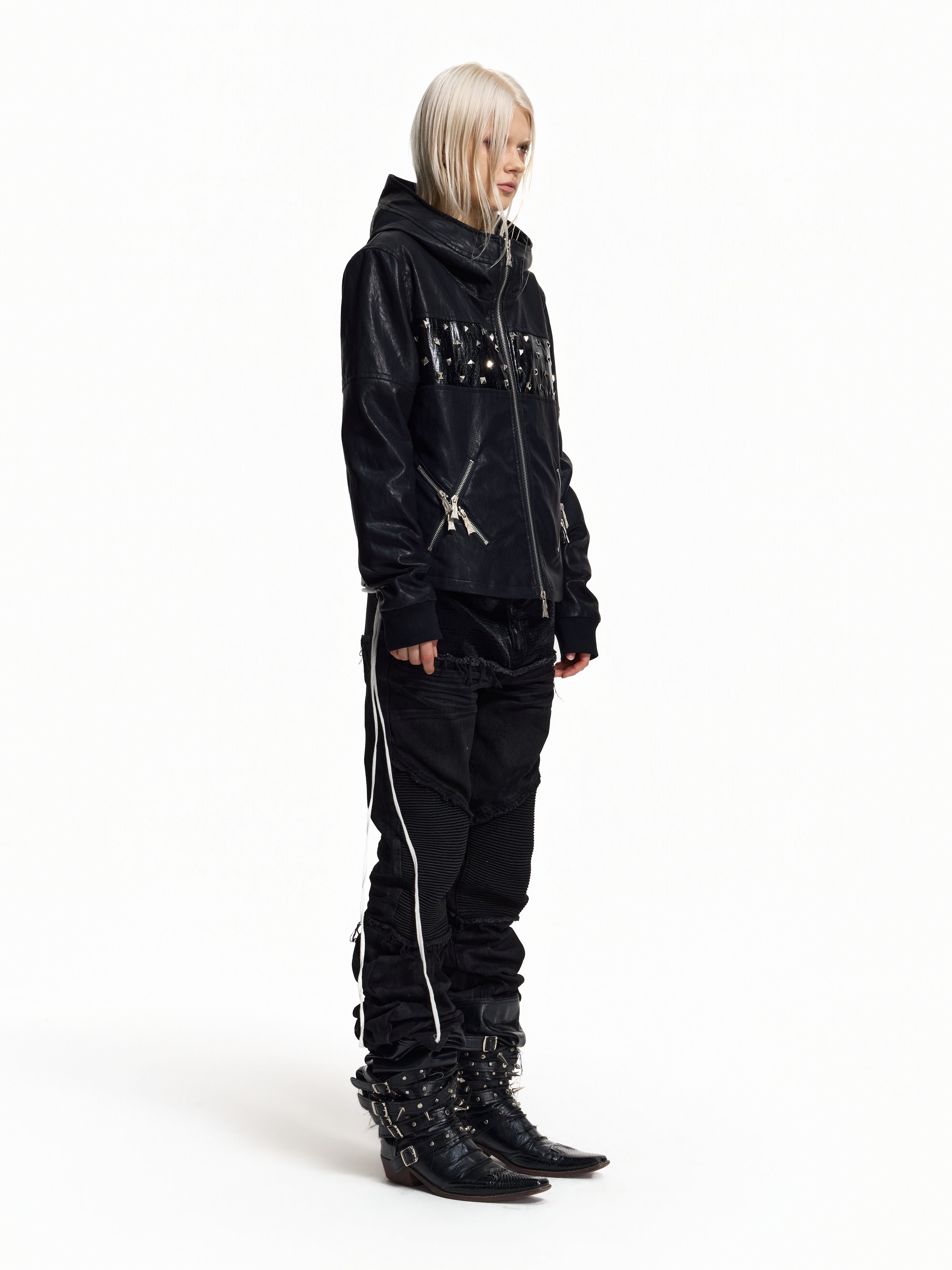 Flyerrer Punk Studded Patchwork Hooded Faux‑Leather Jacket FR382