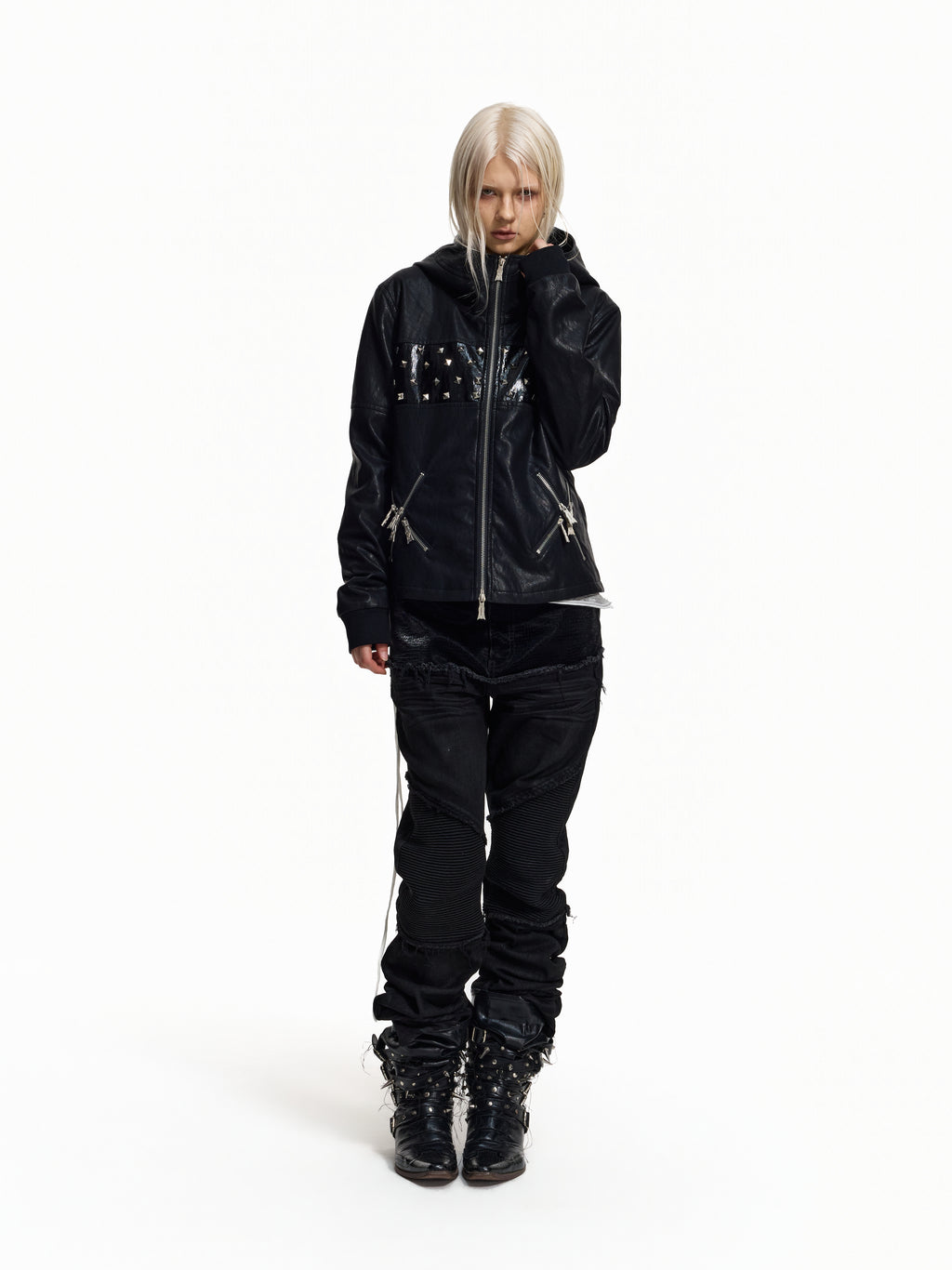 Flyerrer Punk Studded Patchwork Hooded Faux‑Leather Jacket FR382