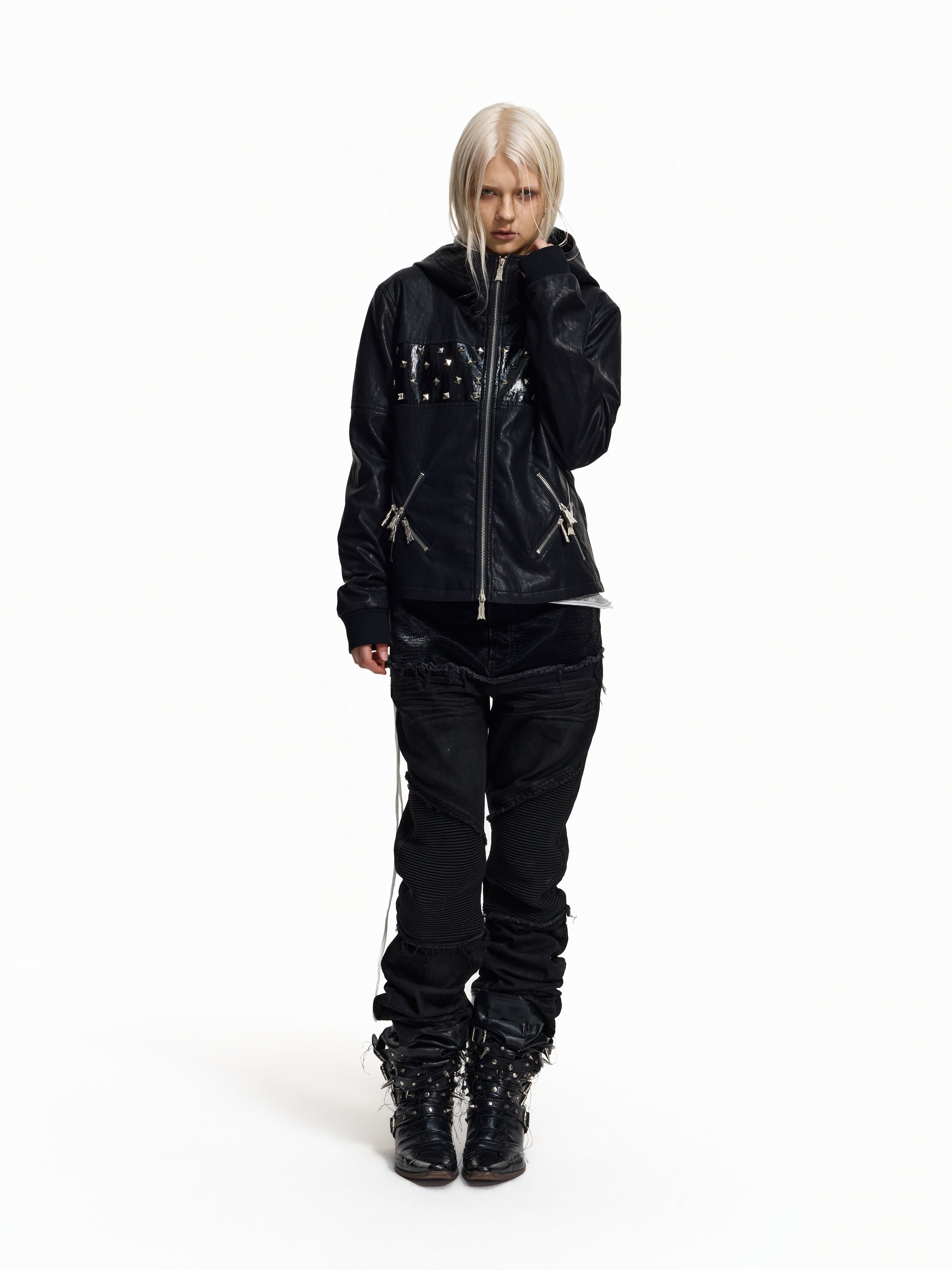 Flyerrer Punk Studded Patchwork Hooded Faux‑Leather Jacket FR382