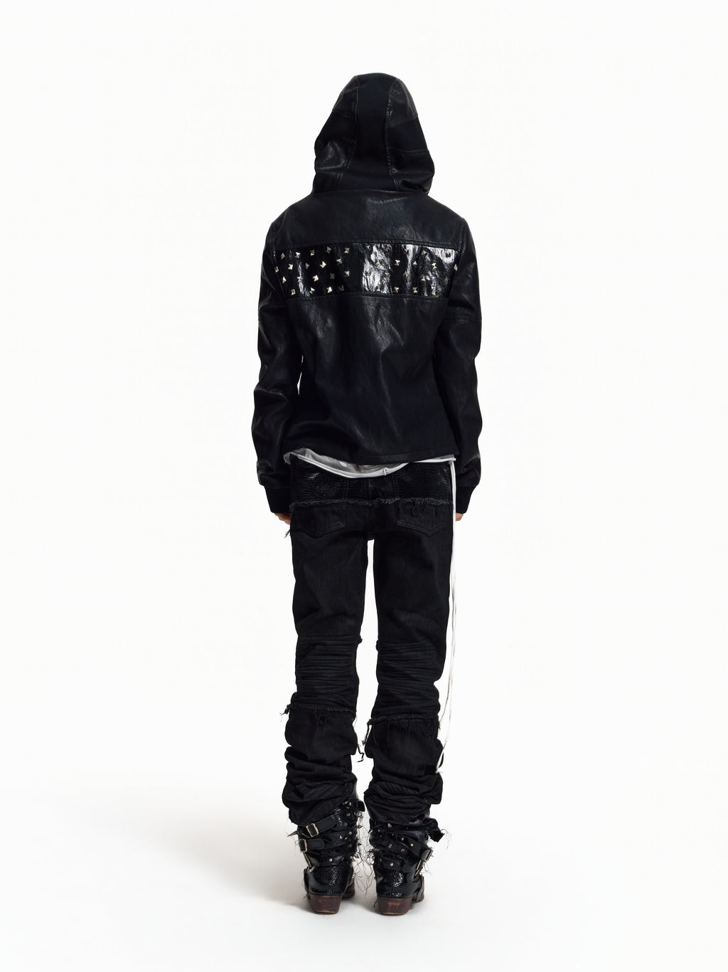 Flyerrer Punk Studded Patchwork Hooded Faux‑Leather Jacket FR382