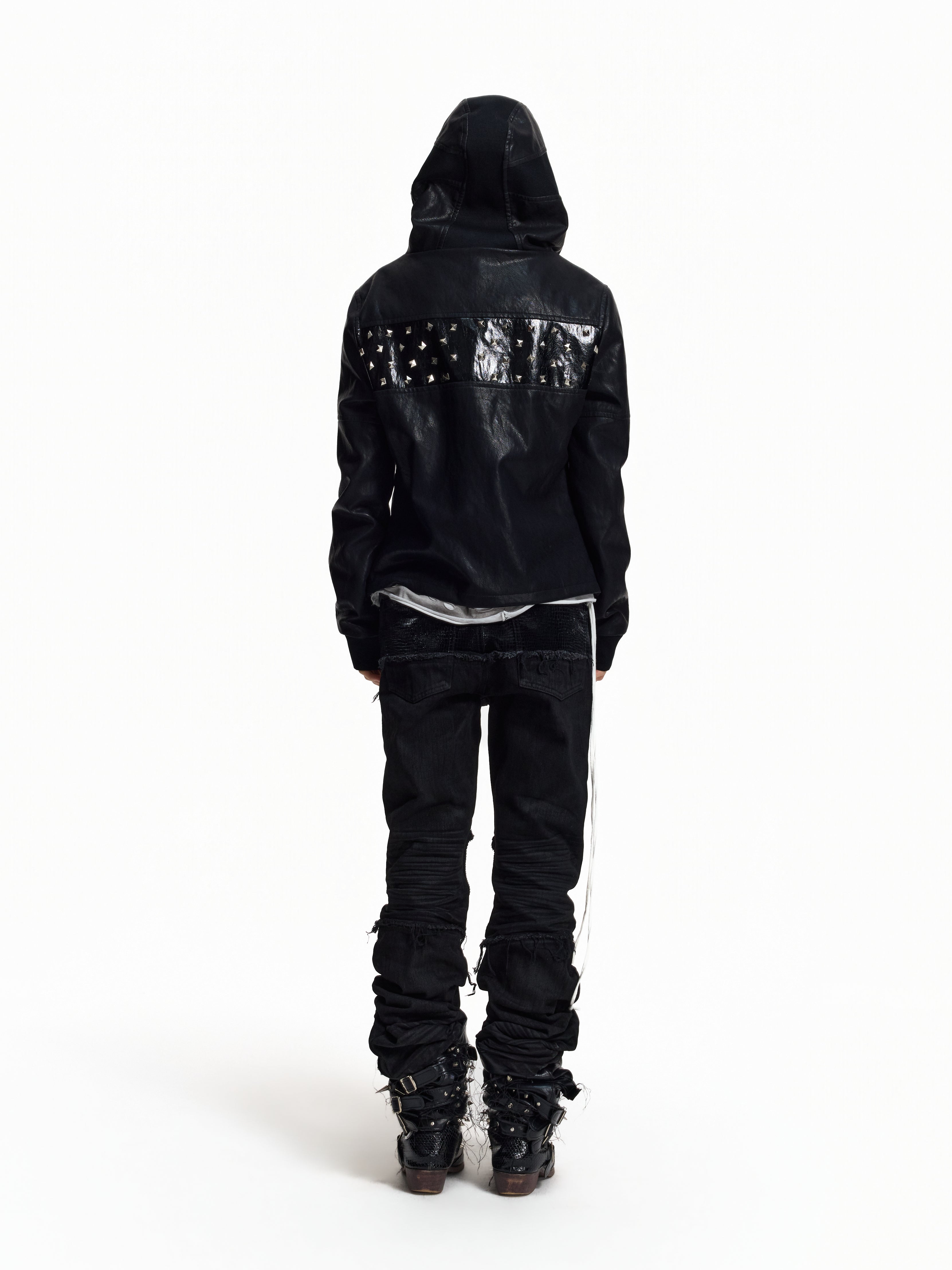 Flyerrer Punk Studded Patchwork Hooded Faux‑Leather Jacket FR382