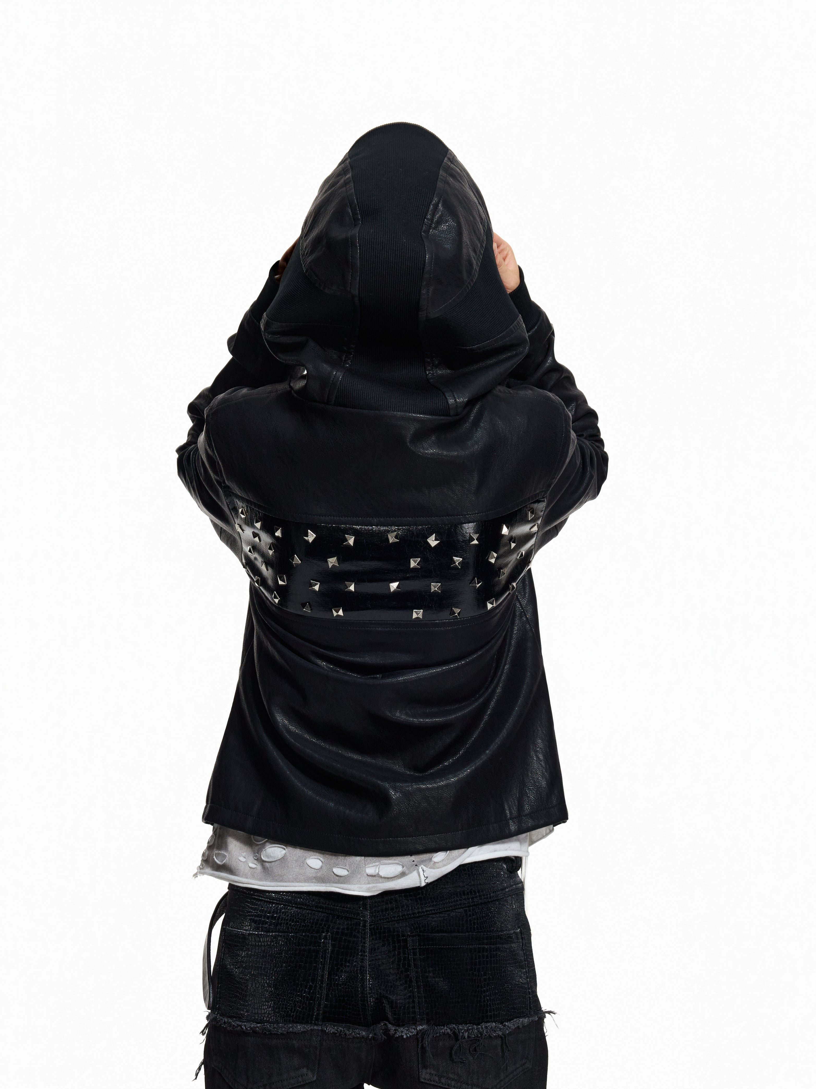Flyerrer Punk Studded Patchwork Hooded Faux‑Leather Jacket FR382