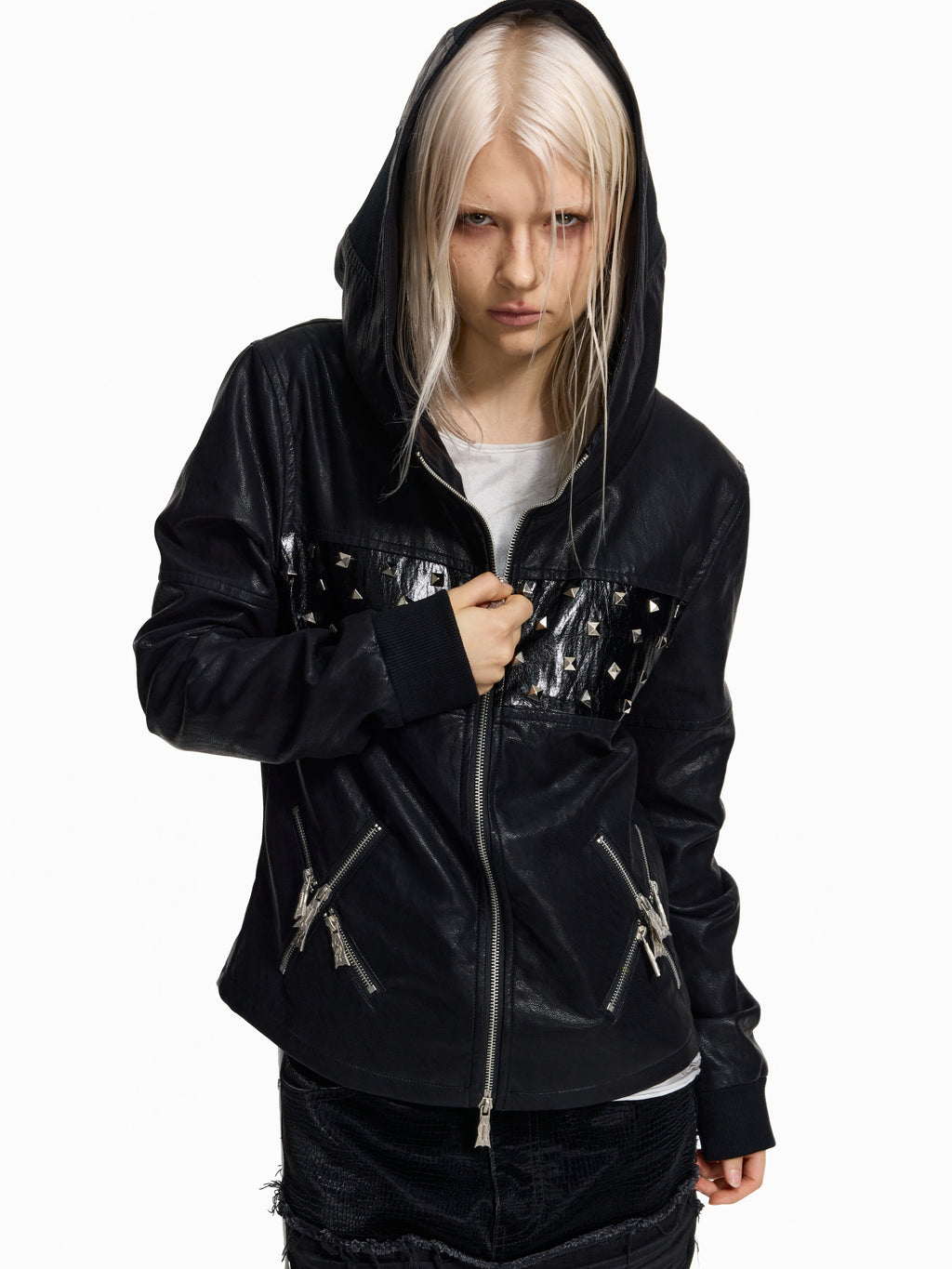 Flyerrer Punk Studded Patchwork Hooded Faux‑Leather Jacket FR382