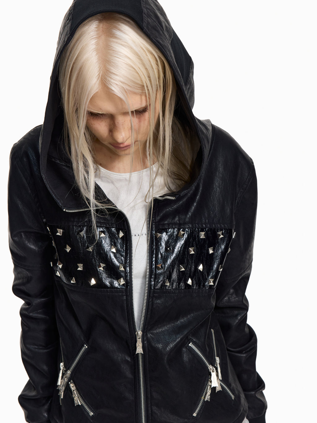 Flyerrer Punk Studded Patchwork Hooded Faux‑Leather Jacket FR382