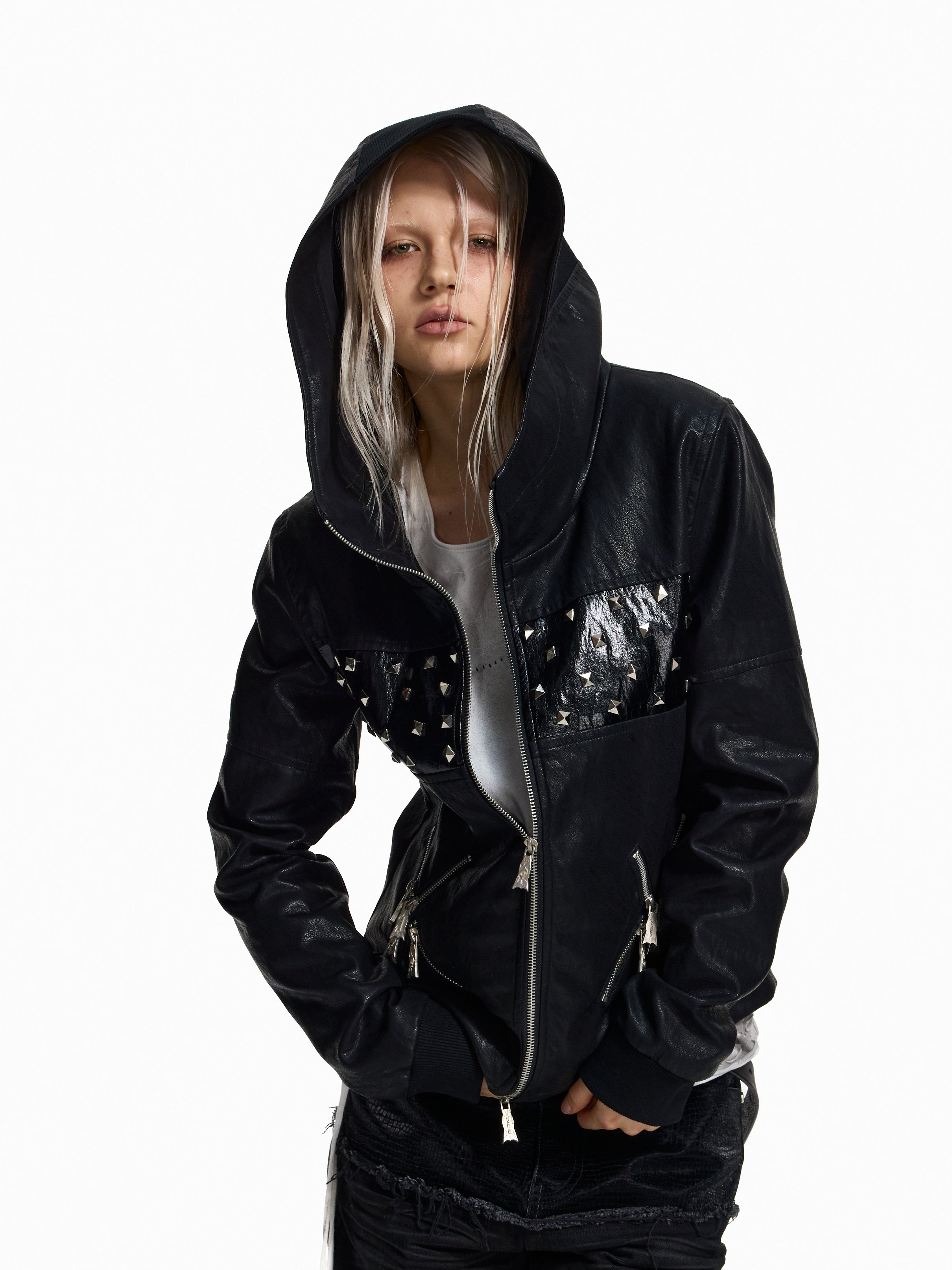 Flyerrer Punk Studded Patchwork Hooded Faux‑Leather Jacket FR382