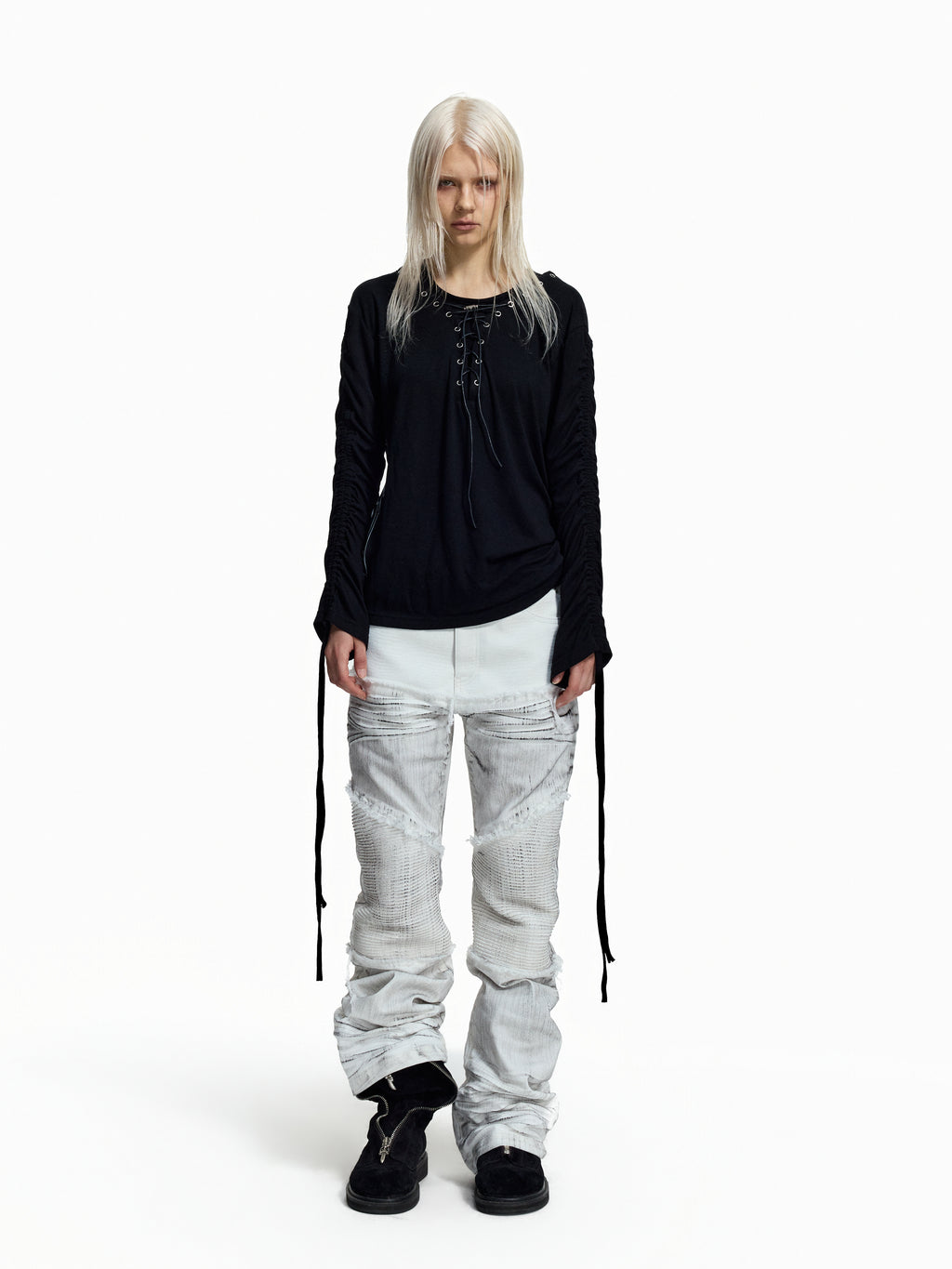 Flyerrer Dark‑Punk Gathered‑Ribbon Strap Printed Wool Base‑Layer Tee FR384