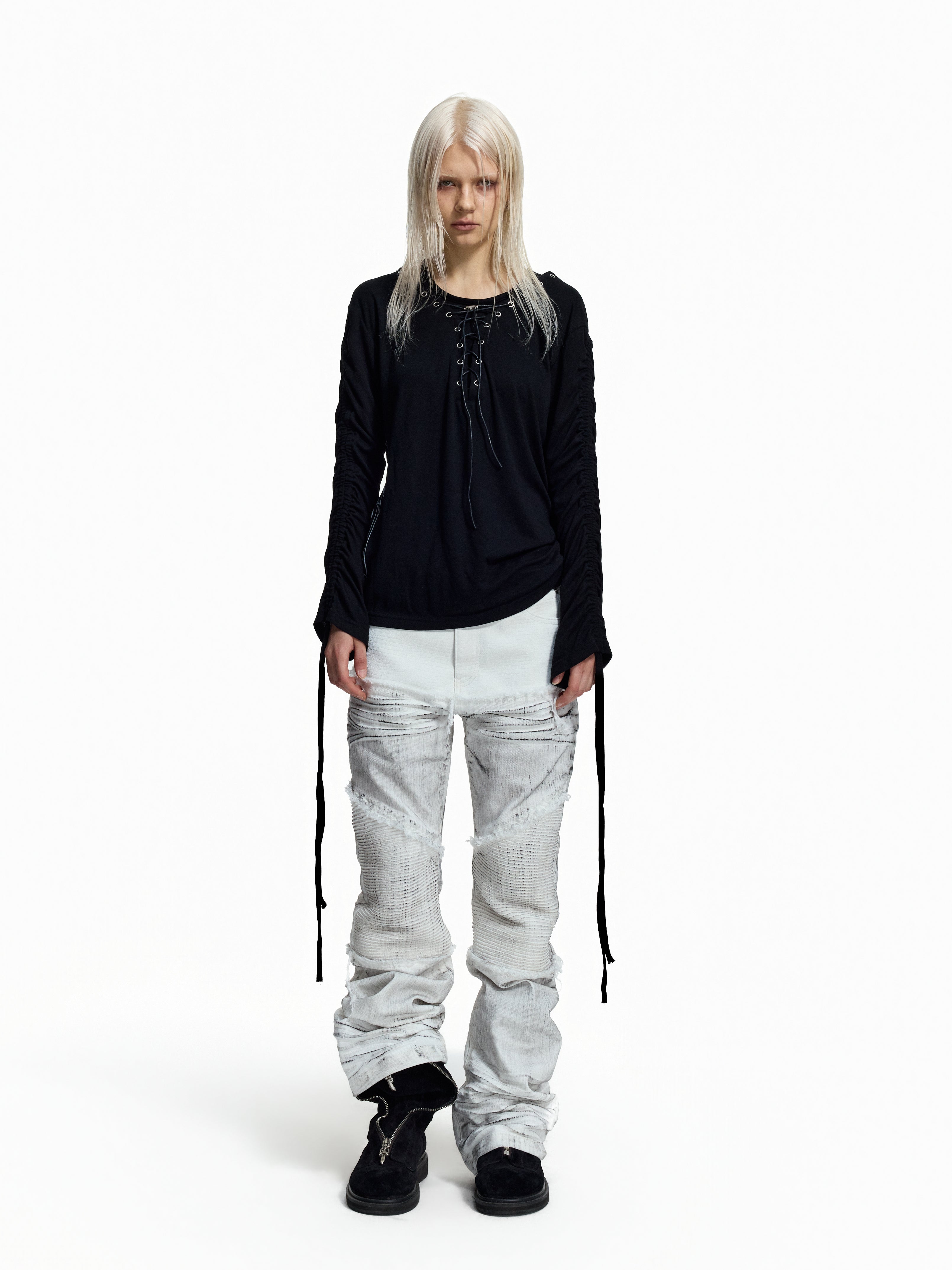 Flyerrer Dark‑Punk Gathered‑Ribbon Strap Printed Wool Base‑Layer Tee FR384