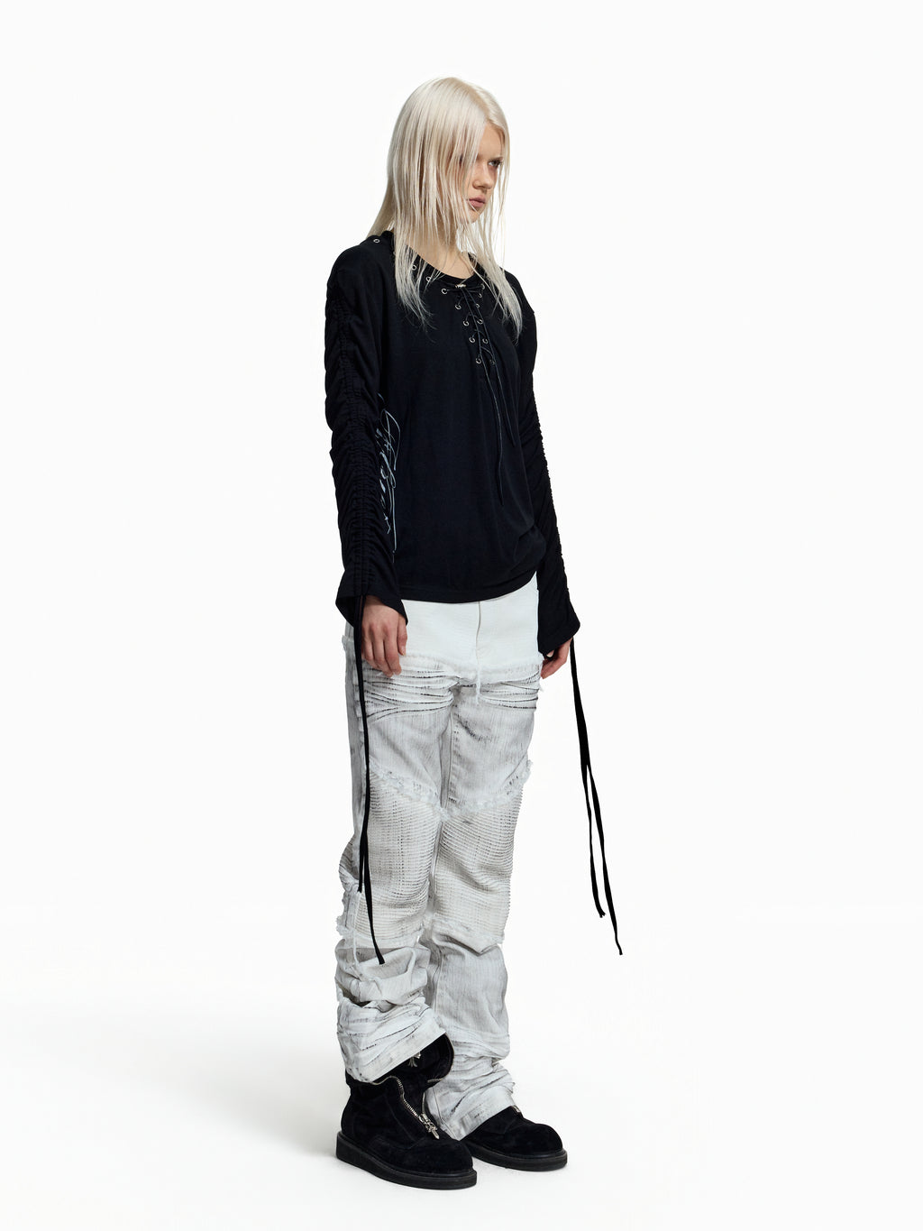 Flyerrer Dark‑Punk Gathered‑Ribbon Strap Printed Wool Base‑Layer Tee FR384