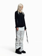 Flyerrer Dark‑Punk Gathered‑Ribbon Strap Printed Wool Base‑Layer Tee FR384