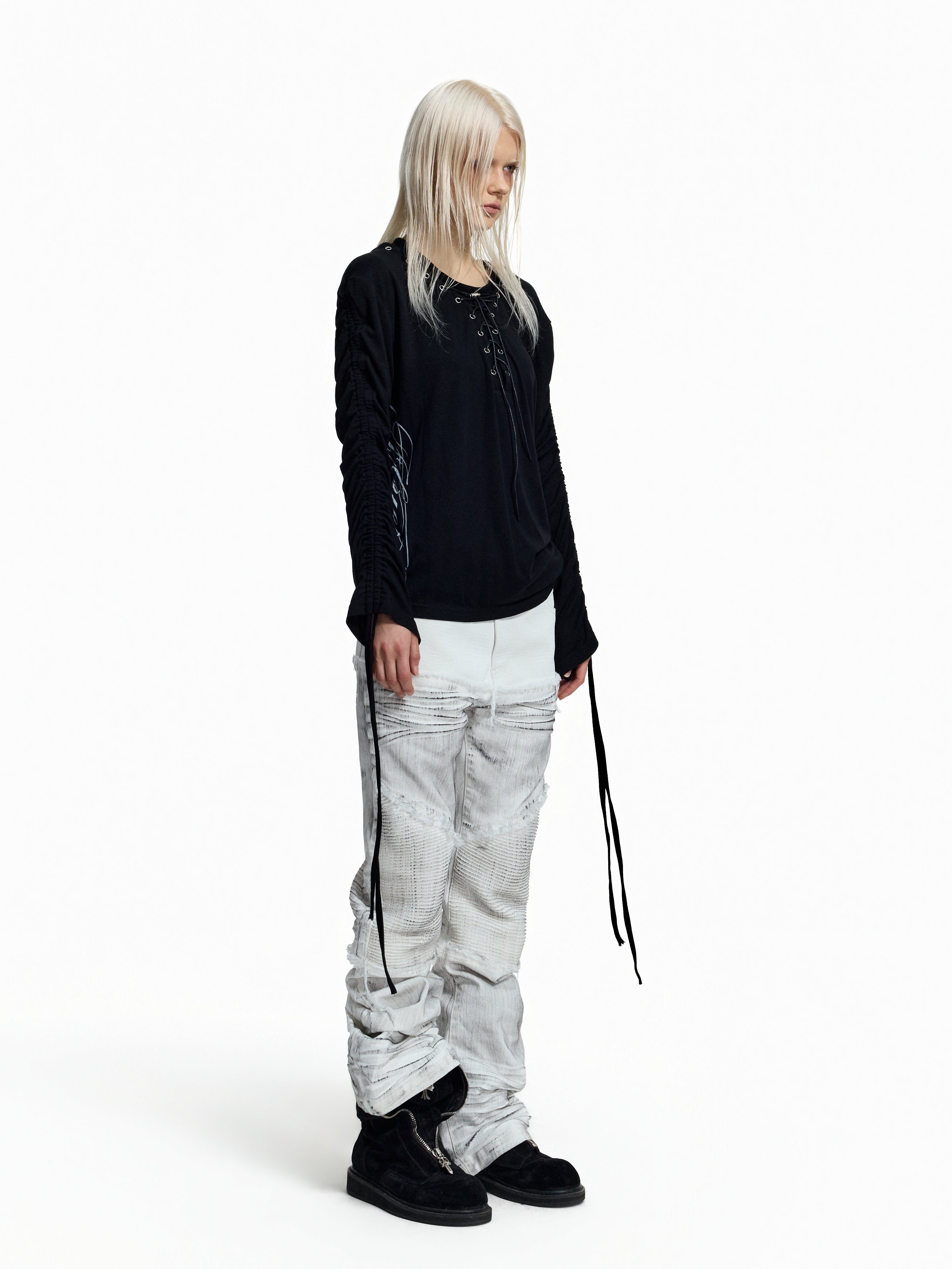 Flyerrer Dark‑Punk Gathered‑Ribbon Strap Printed Wool Base‑Layer Tee FR384