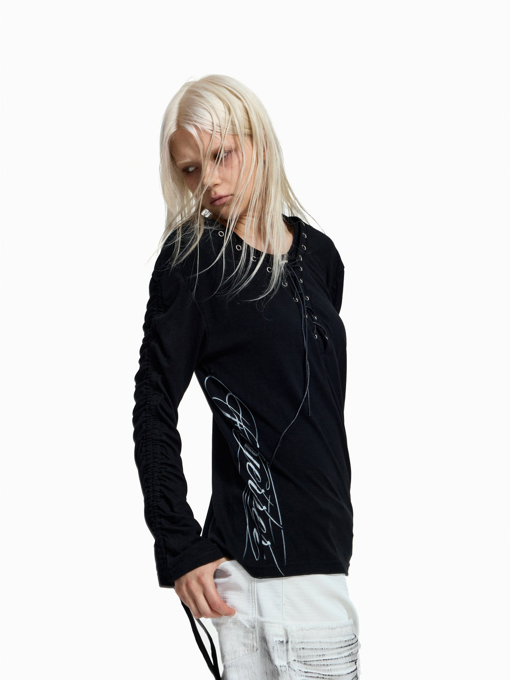 Flyerrer Dark‑Punk Gathered‑Ribbon Strap Printed Wool Base‑Layer Tee FR384