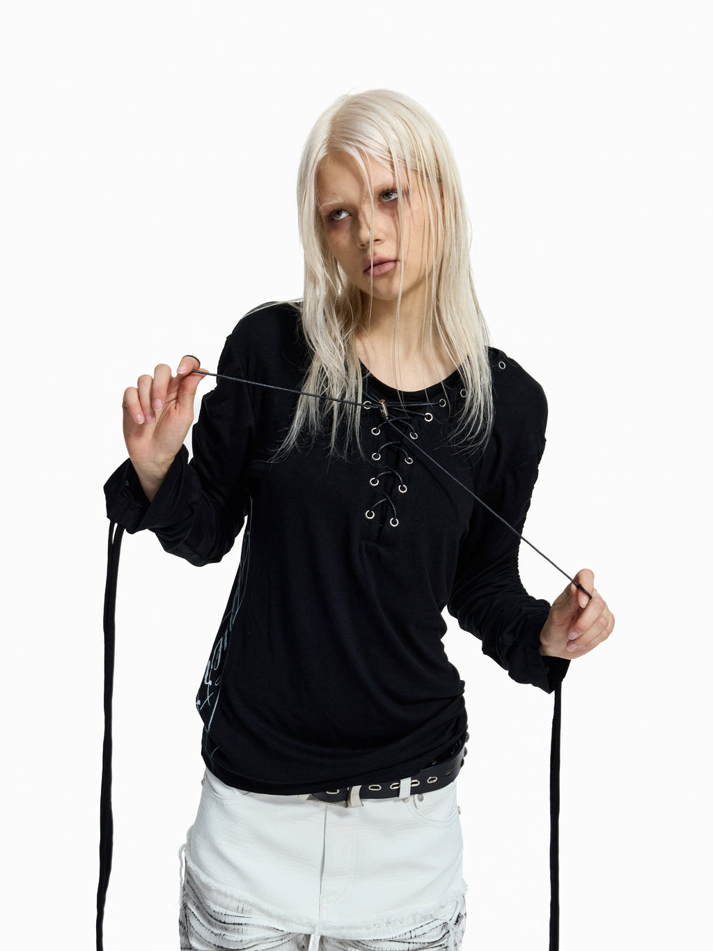 Flyerrer Dark‑Punk Gathered‑Ribbon Strap Printed Wool Base‑Layer Tee FR384