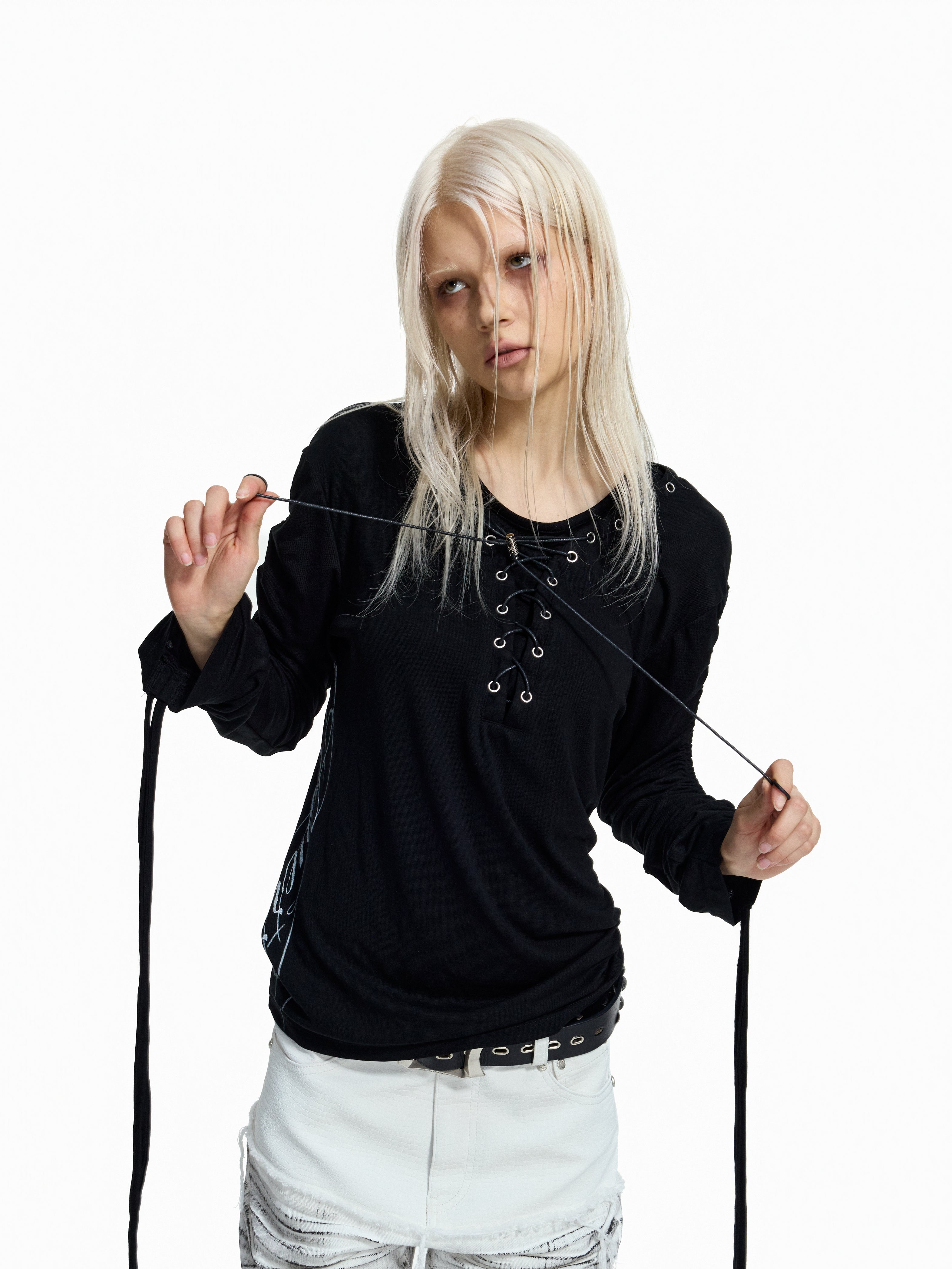 Flyerrer Dark‑Punk Gathered‑Ribbon Strap Printed Wool Base‑Layer Tee FR384