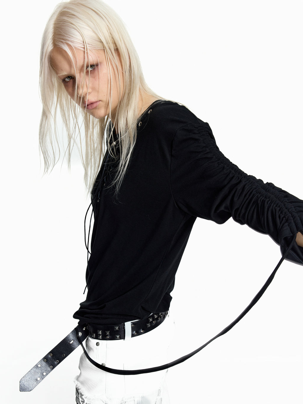 Flyerrer Dark‑Punk Gathered‑Ribbon Strap Printed Wool Base‑Layer Tee FR384