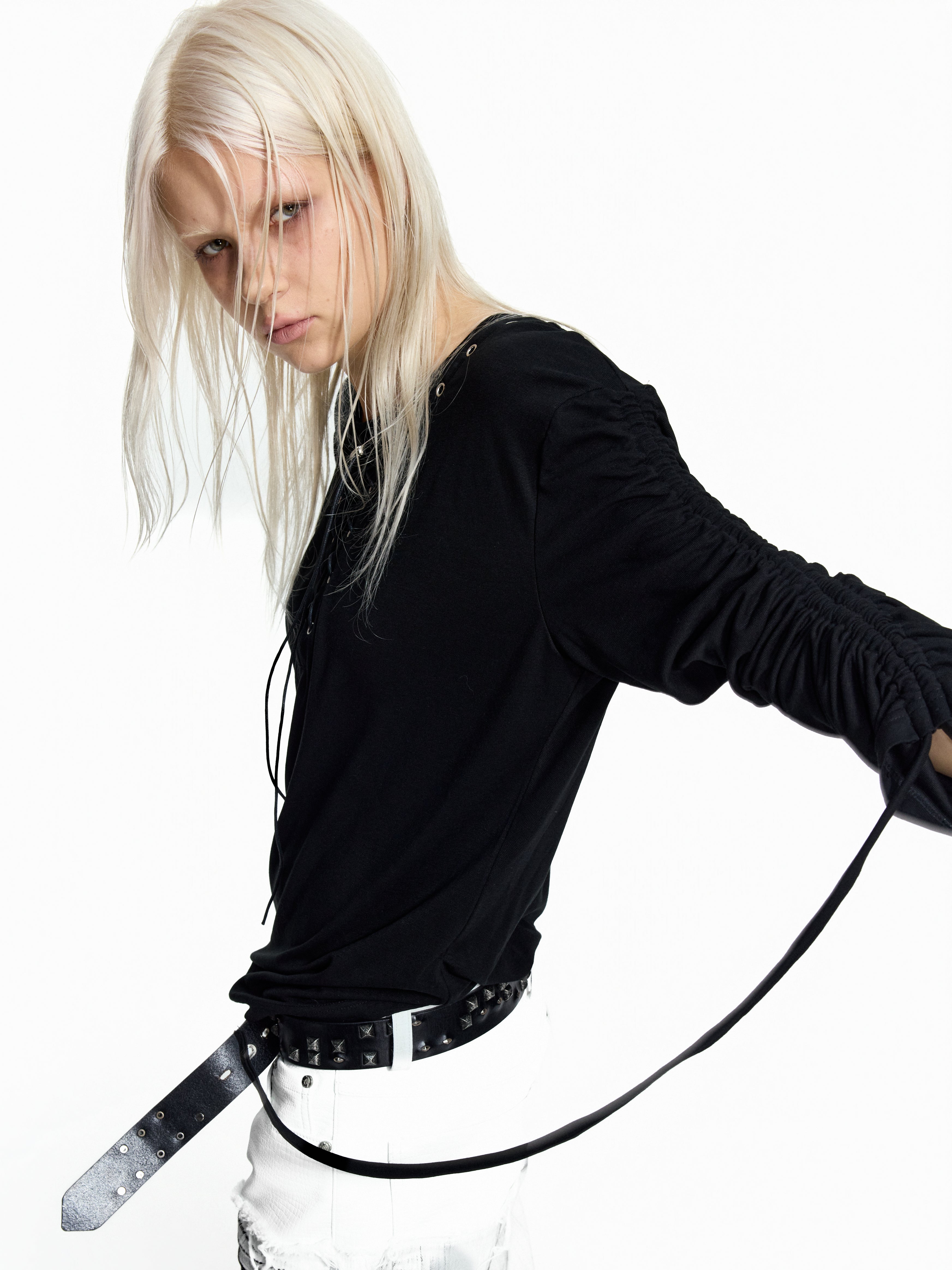 Flyerrer Dark‑Punk Gathered‑Ribbon Strap Printed Wool Base‑Layer Tee FR384
