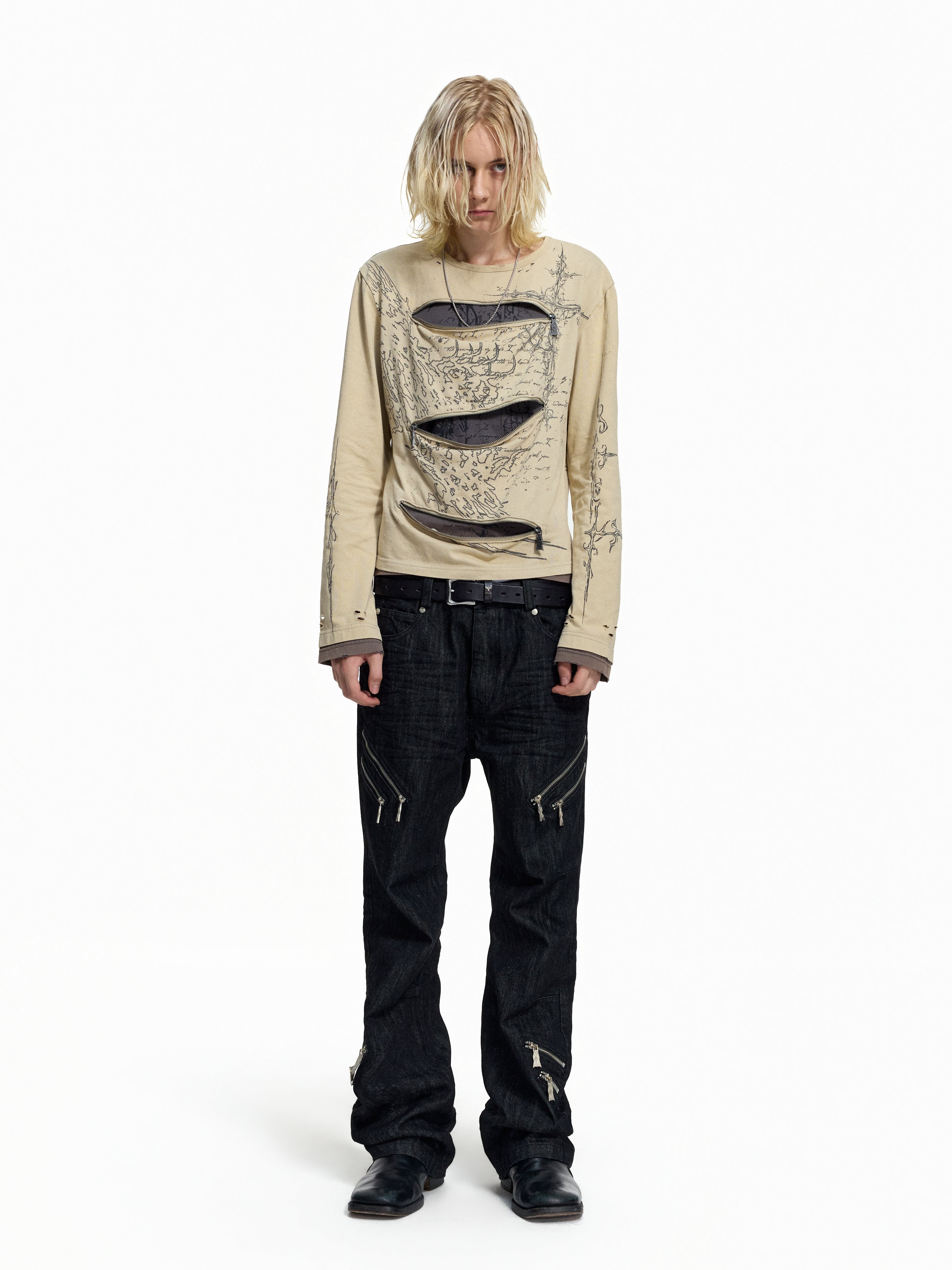 FLYERRER Vintage Manuscript Print Seam‑Split Zipper Layered‑Look Top FR367