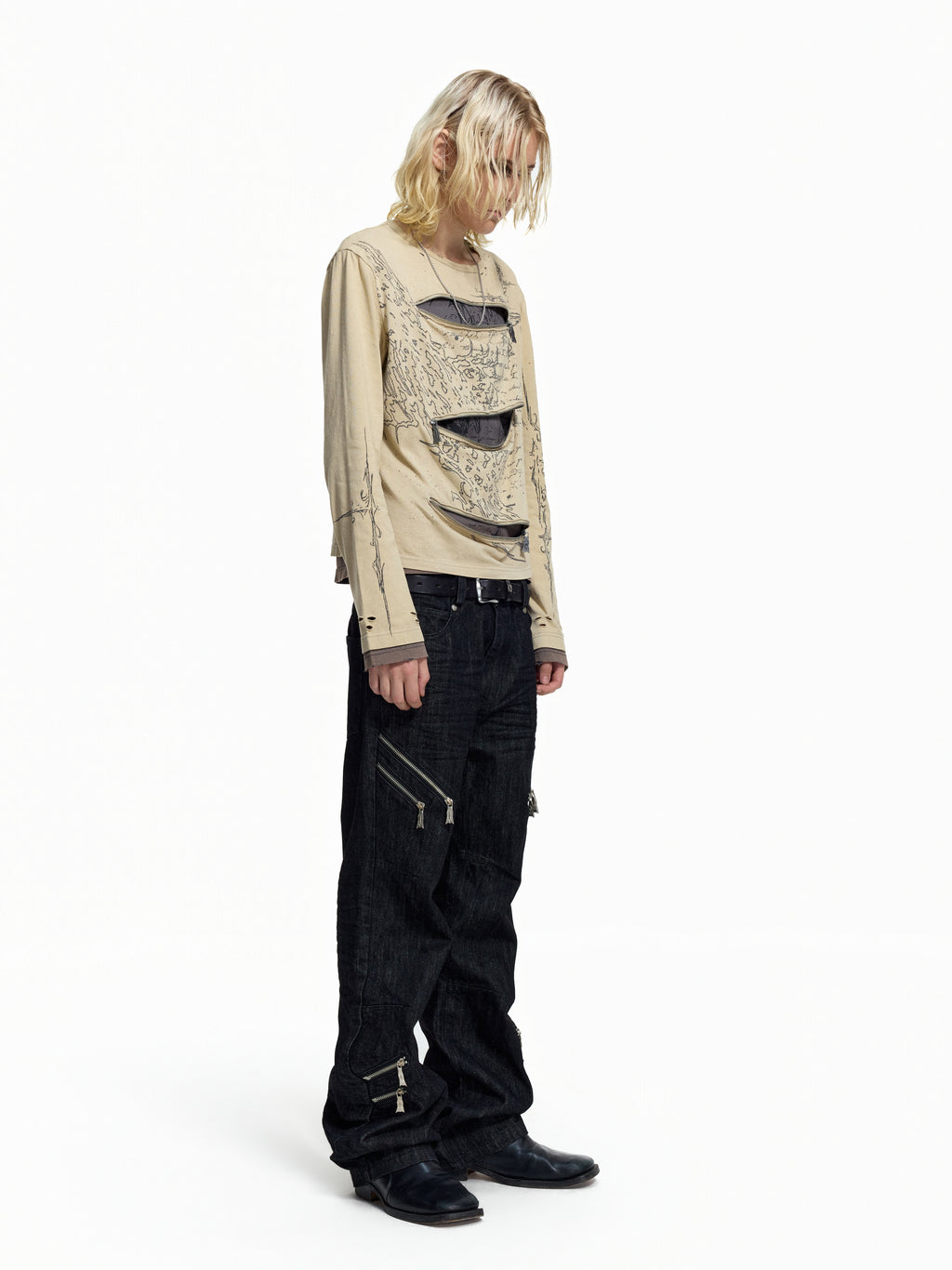 FLYERRER Vintage Manuscript Print Seam‑Split Zipper Layered‑Look Top FR367