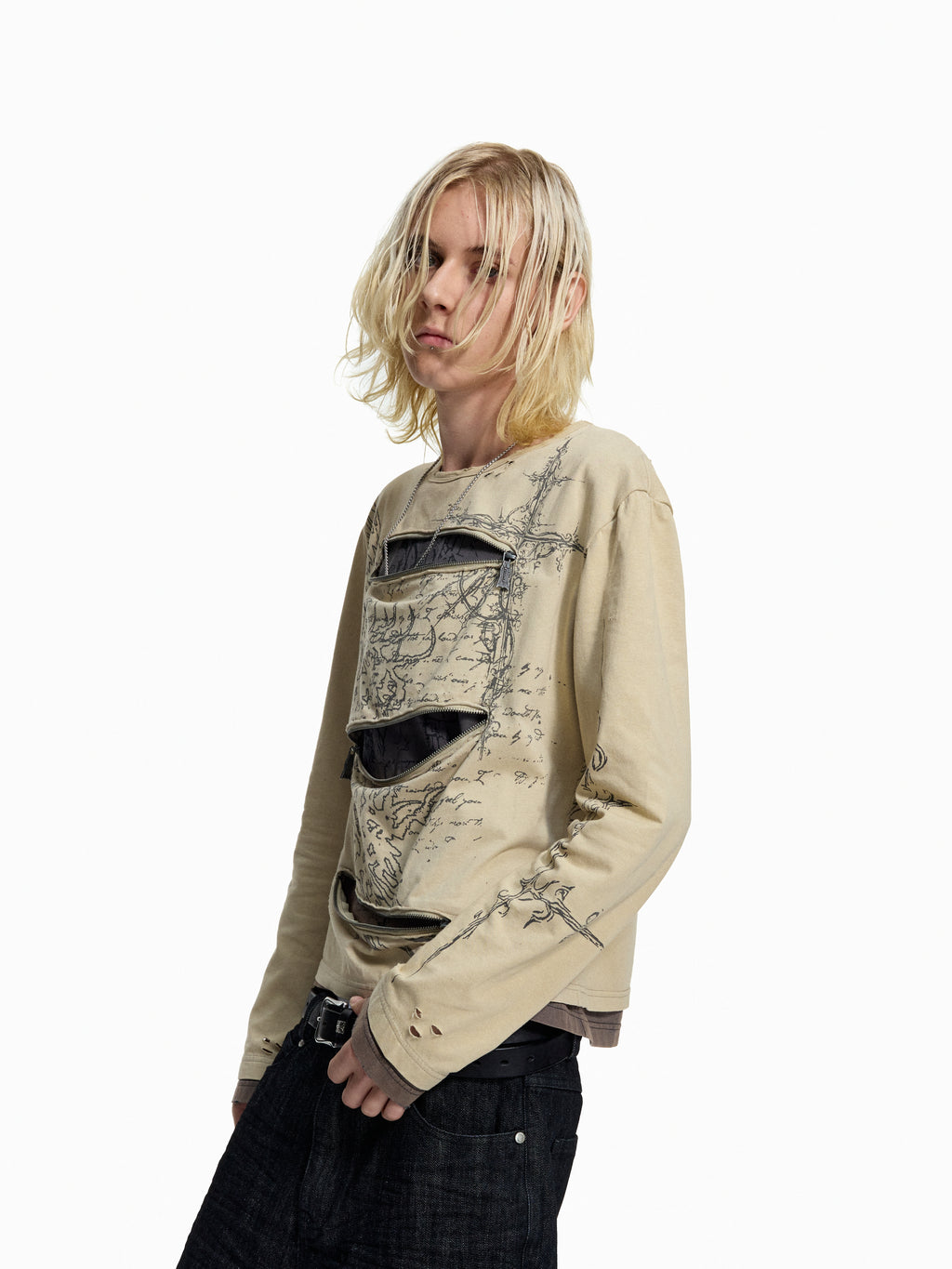 FLYERRER Vintage Manuscript Print Seam‑Split Zipper Layered‑Look Top FR367