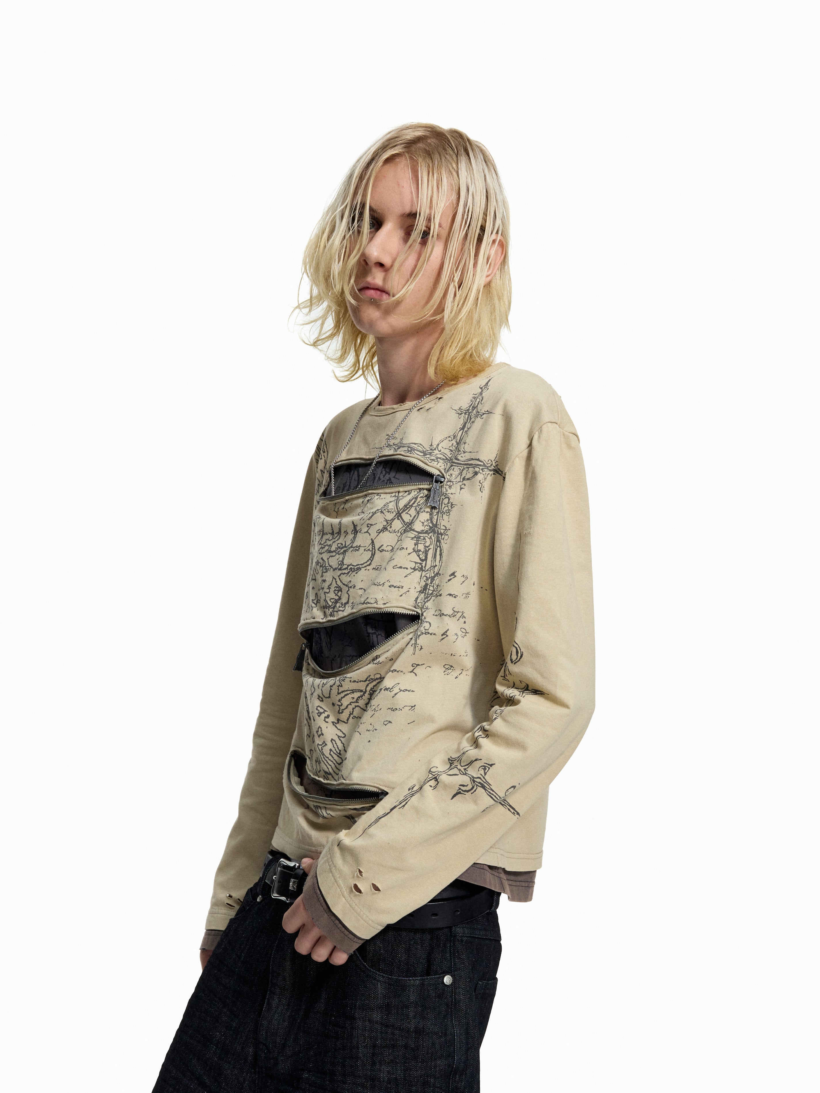 FLYERRER Vintage Manuscript Print Seam‑Split Zipper Layered‑Look Top FR367