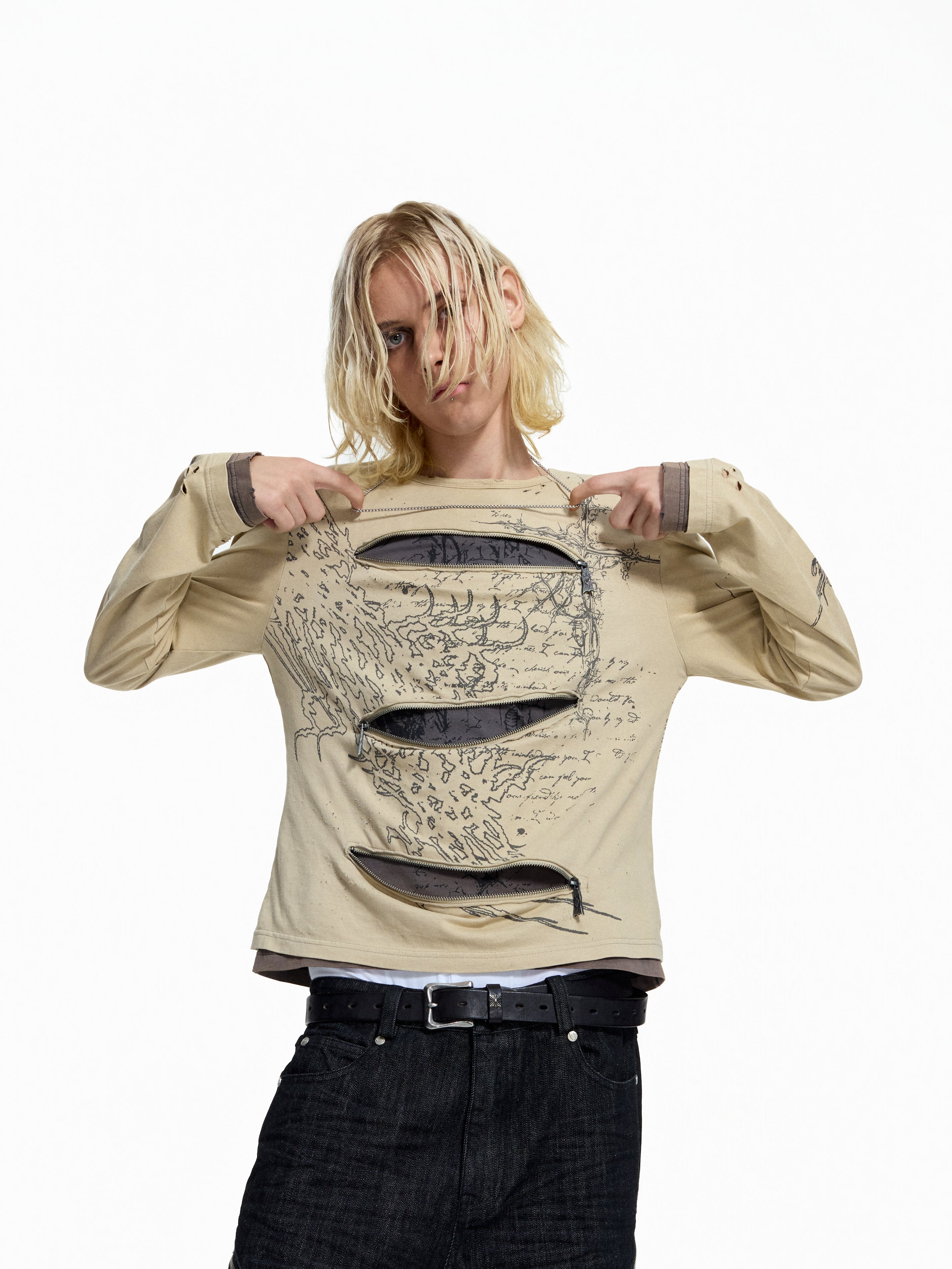 FLYERRER Vintage Manuscript Print Seam‑Split Zipper Layered‑Look Top FR367