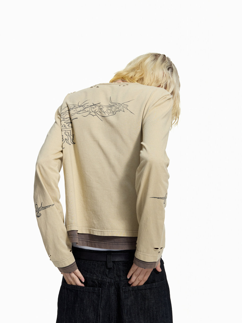 FLYERRER Vintage Manuscript Print Seam‑Split Zipper Layered‑Look Top FR367