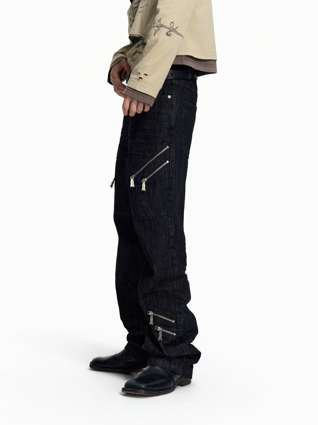 FLYERRER Deconstructed Multi‑Zipper Stud Black Jeans FR373