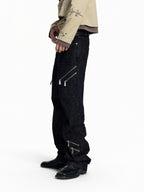FLYERRER Deconstructed Multi‑Zipper Stud Black Jeans FR373