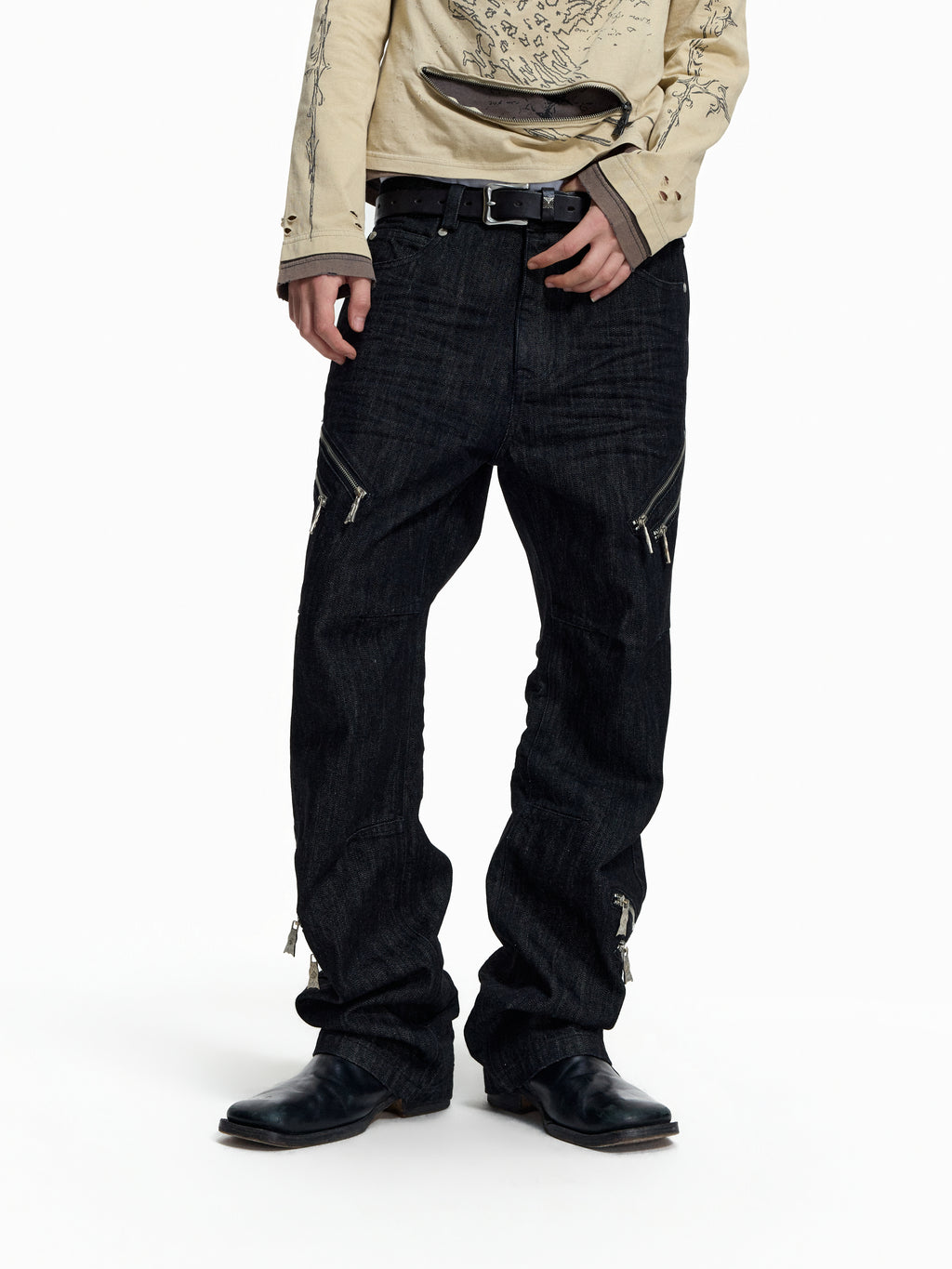 FLYERRER Deconstructed Multi‑Zipper Stud Black Jeans FR373