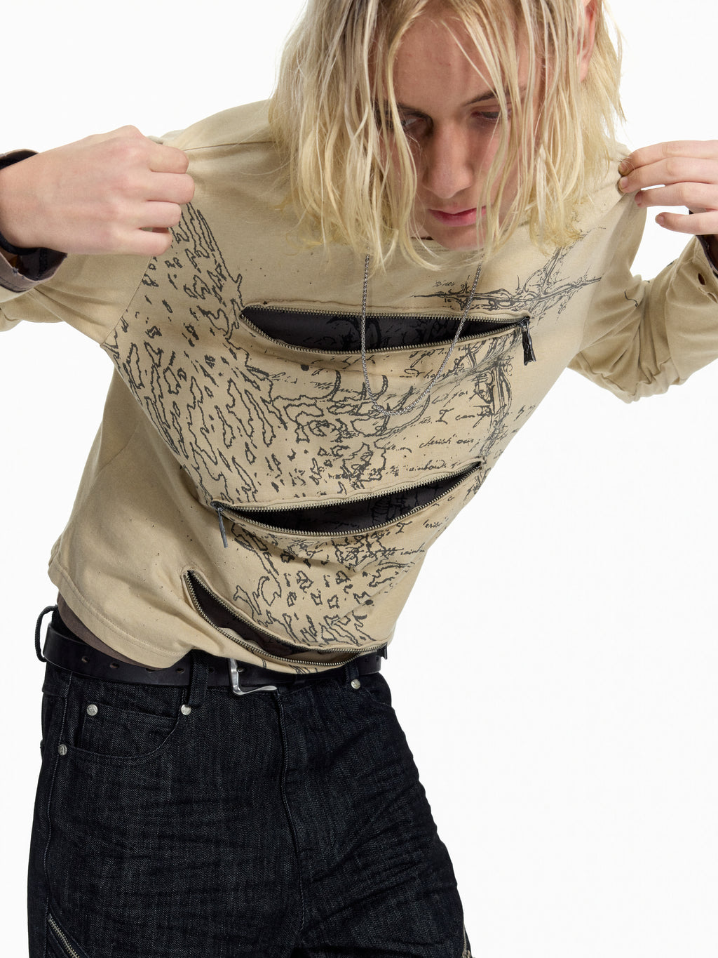 FLYERRER Vintage Manuscript Print Seam‑Split Zipper Layered‑Look Top FR367