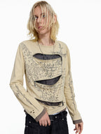 FLYERRER Vintage Manuscript Print Seam‑Split Zipper Layered‑Look Top FR376