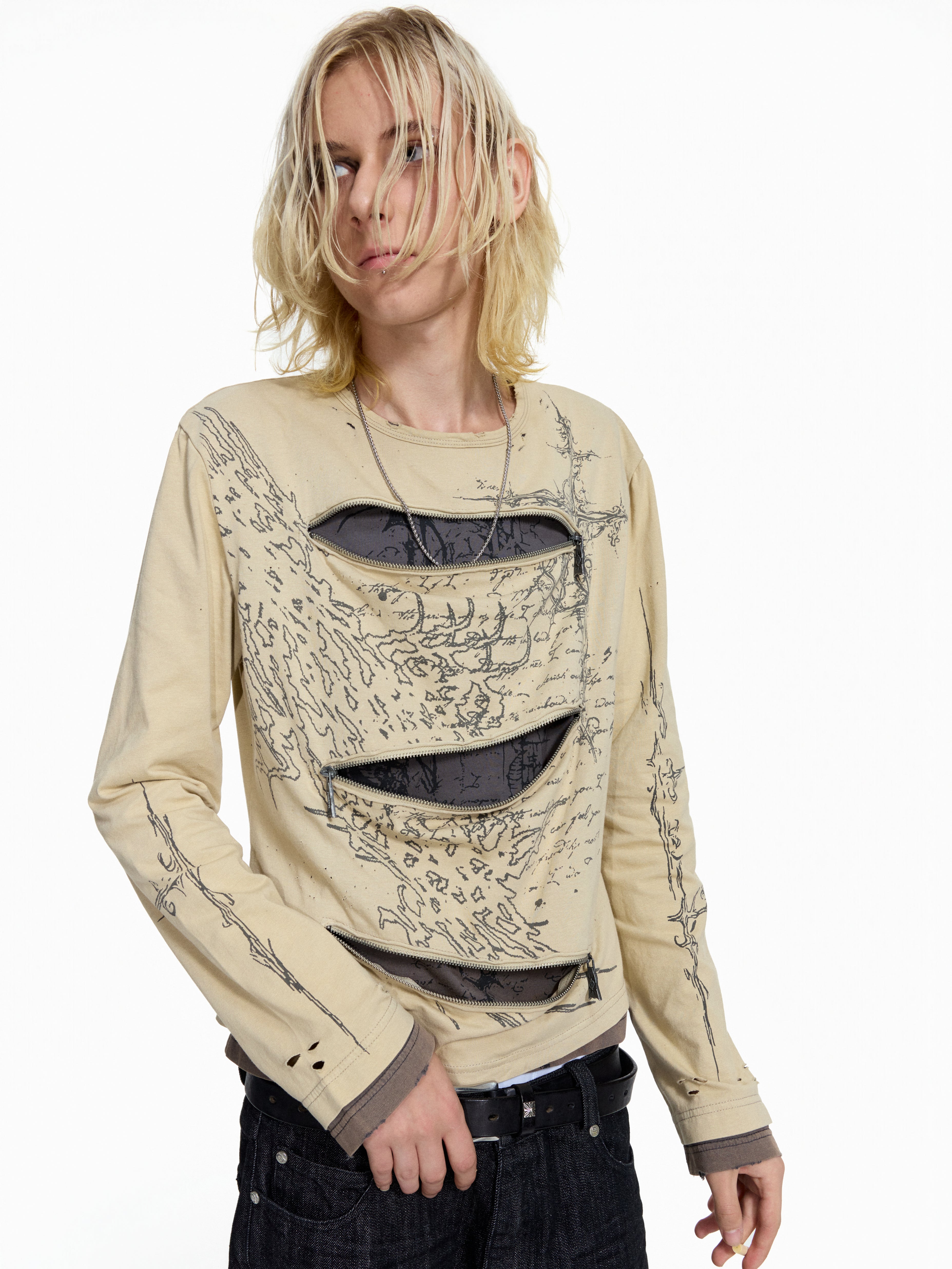 FLYERRER Vintage Manuscript Print Seam‑Split Zipper Layered‑Look Top FR367