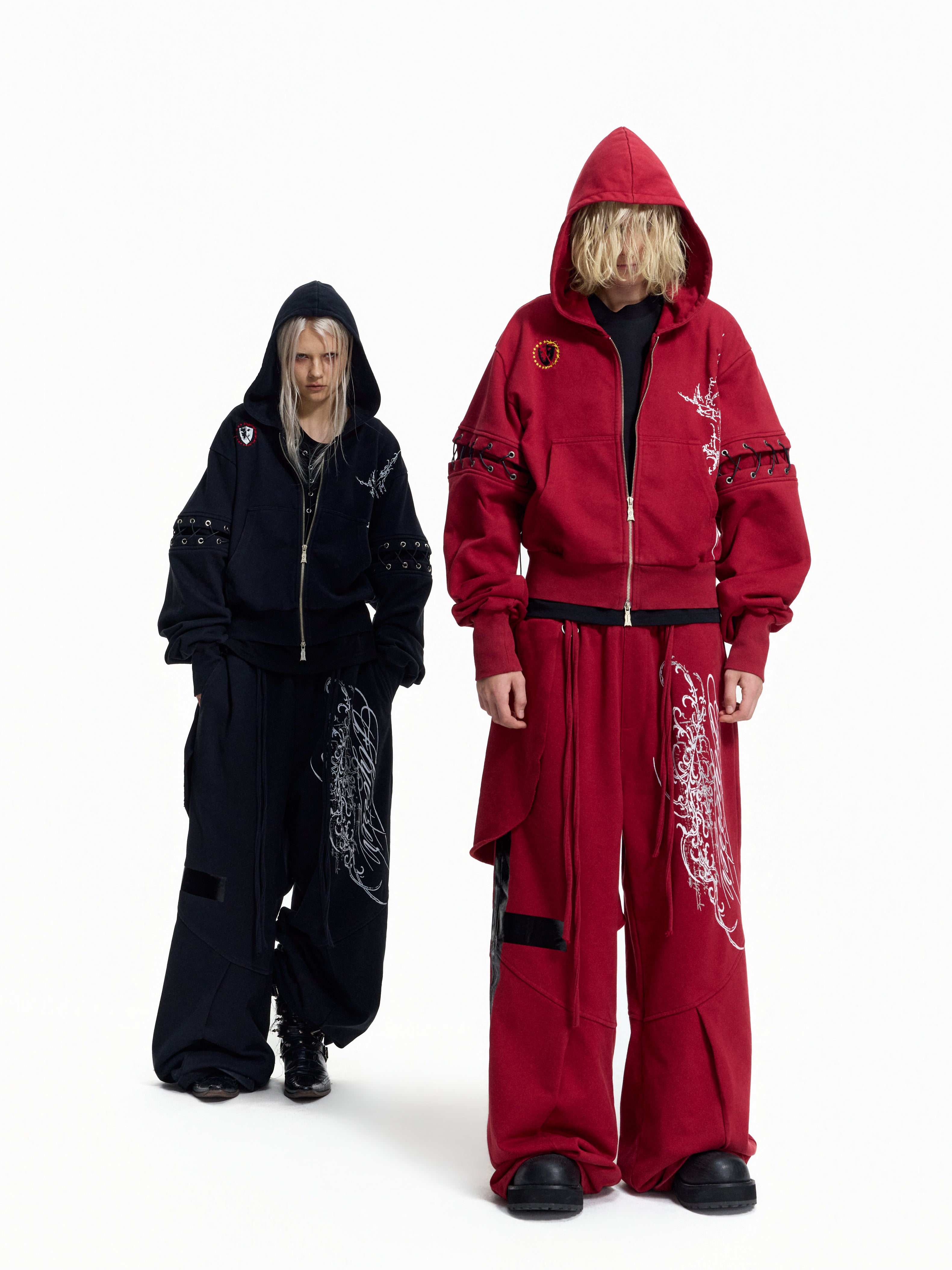Flyerrer Punk Cropped Wax‑Cord Strap‑Sleeve Zip‑Up Hoodie  FR377