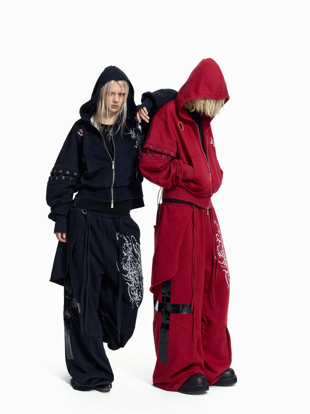Flyerrer Punk Cropped Wax‑Cord Strap‑Sleeve Zip‑Up Hoodie  FR377