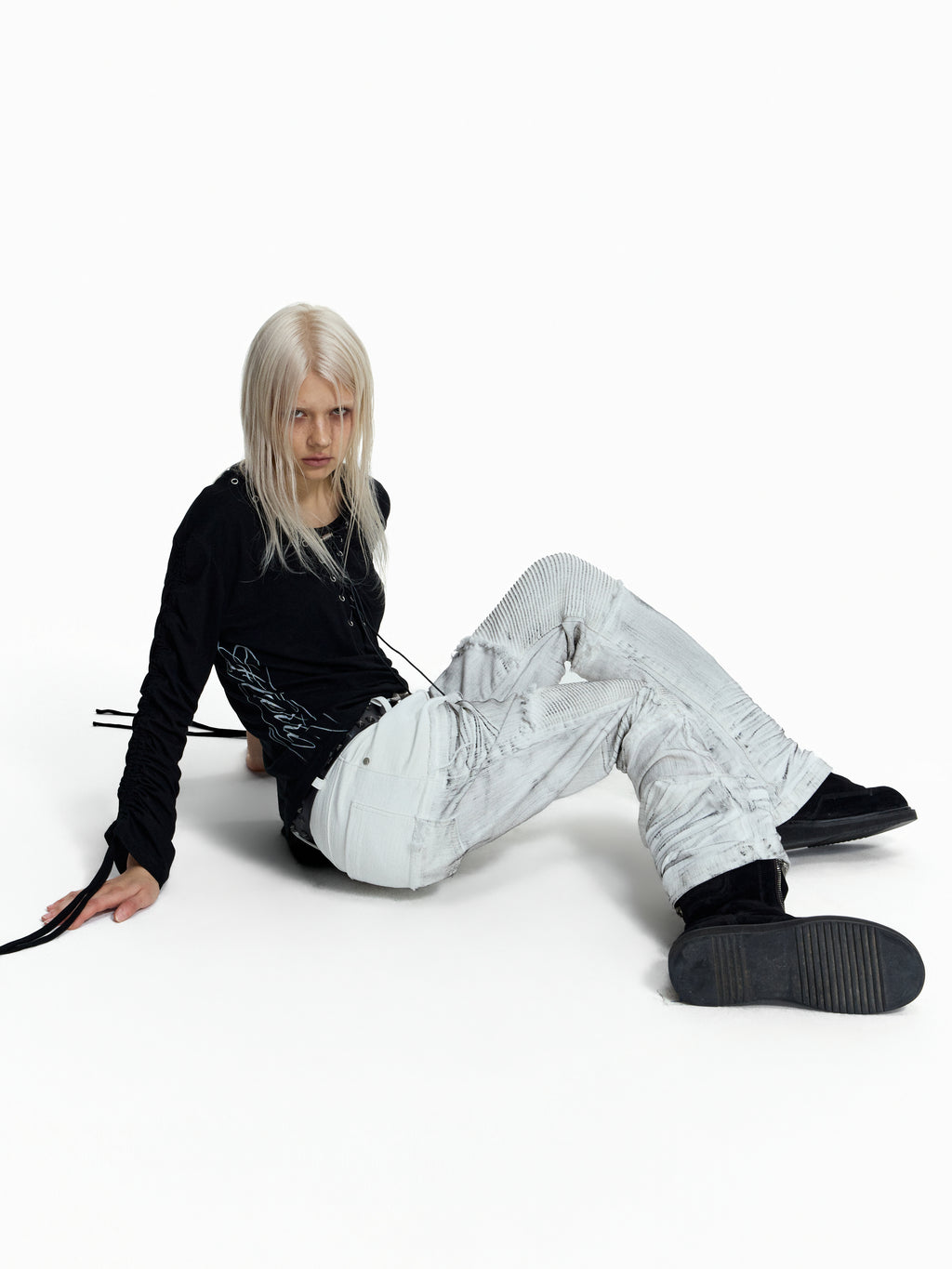 Flyerrer Dark‑Punk Gathered‑Ribbon Strap Printed Wool Base‑Layer Tee FR384