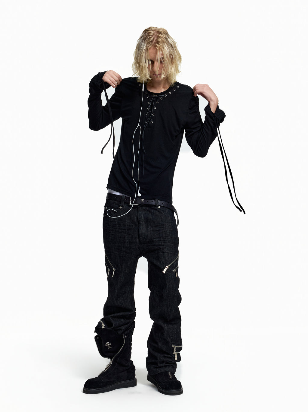 Flyerrer Dark‑Punk Gathered‑Ribbon Strap Printed Wool Base‑Layer Tee FR384