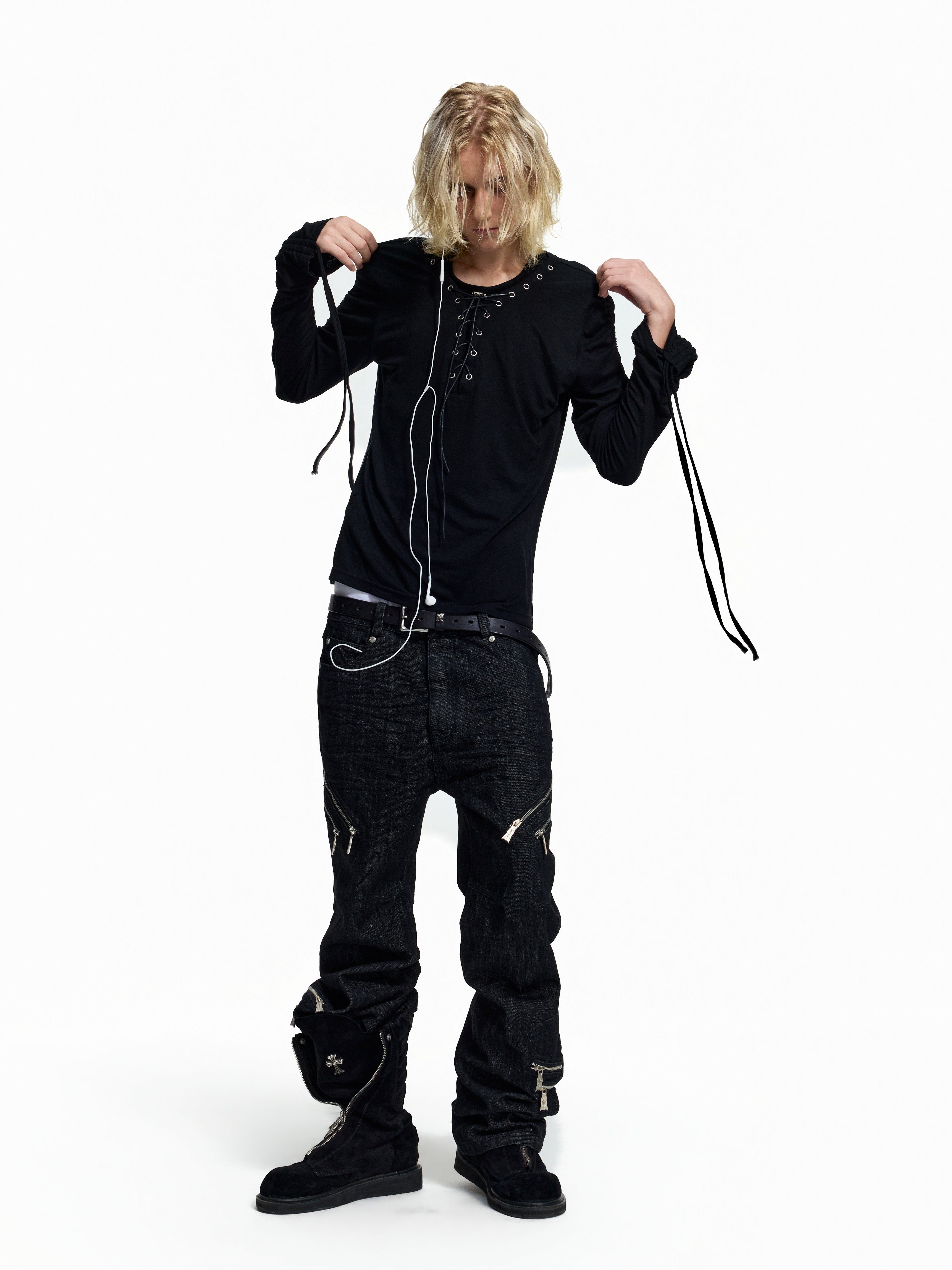 Flyerrer Dark‑Punk Gathered‑Ribbon Strap Printed Wool Base‑Layer Tee FR384