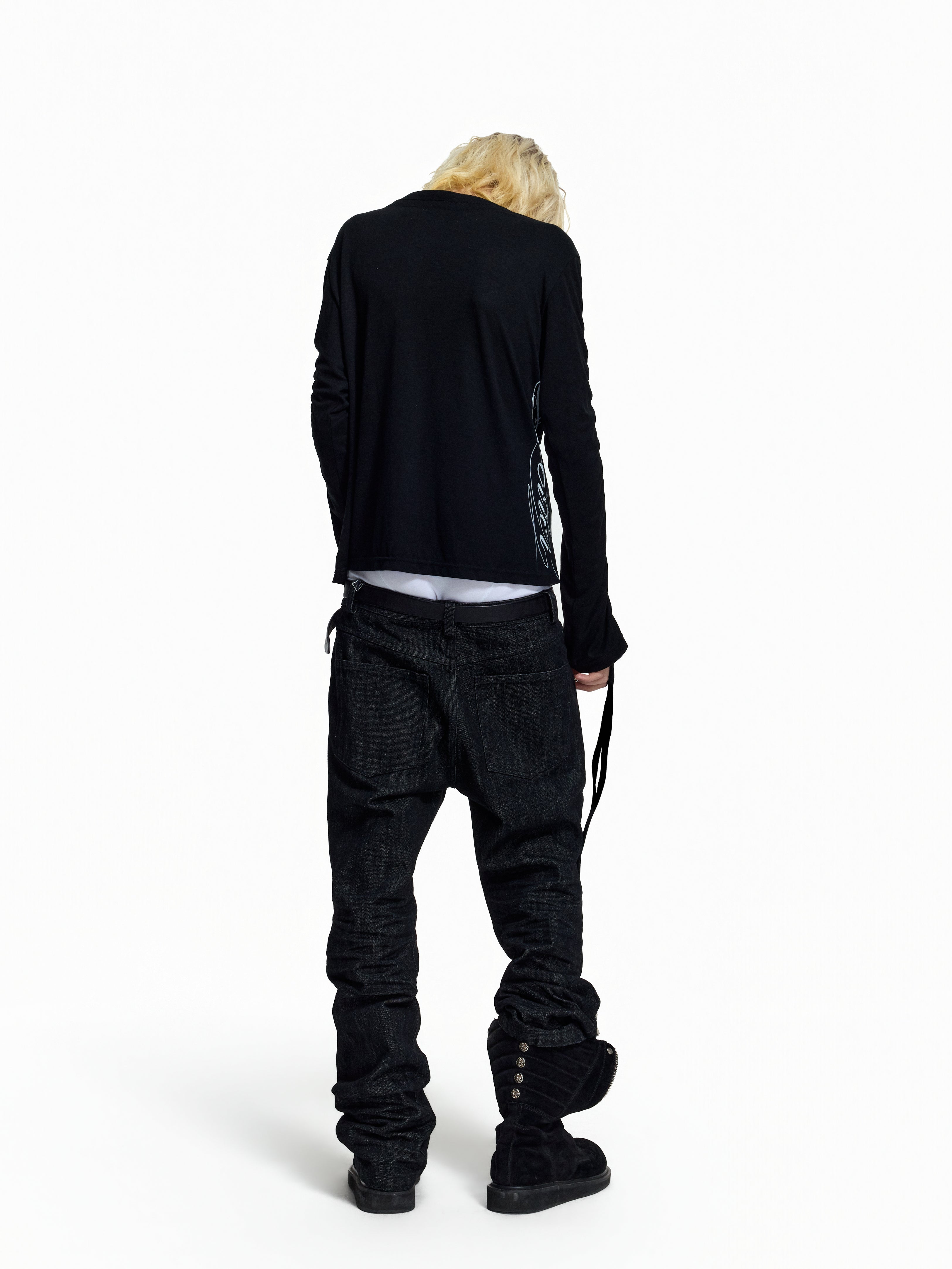 Flyerrer Dark‑Punk Gathered‑Ribbon Strap Printed Wool Base‑Layer Tee FR384