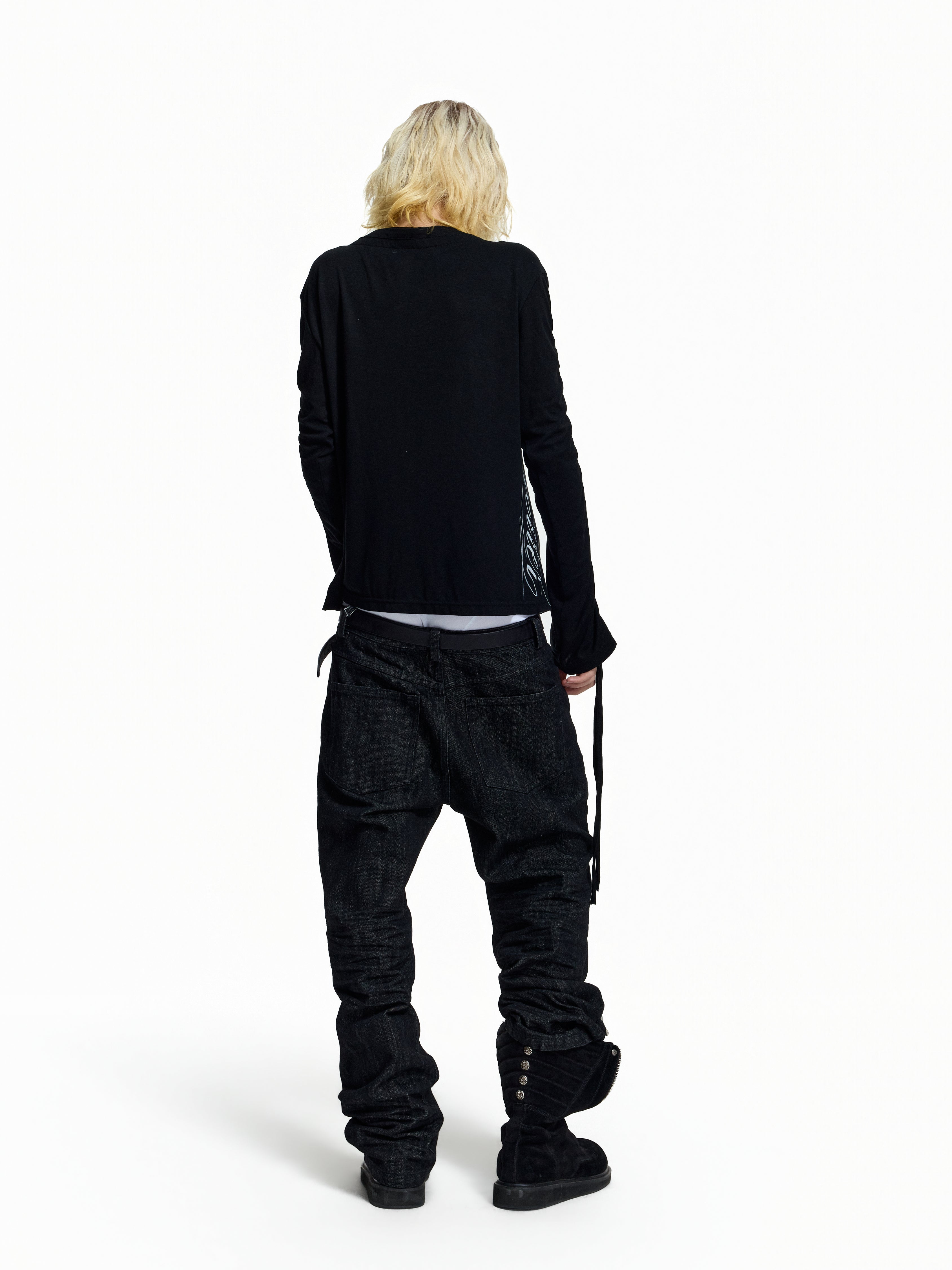 Flyerrer Dark‑Punk Gathered‑Ribbon Strap Printed Wool Base‑Layer Tee FR384