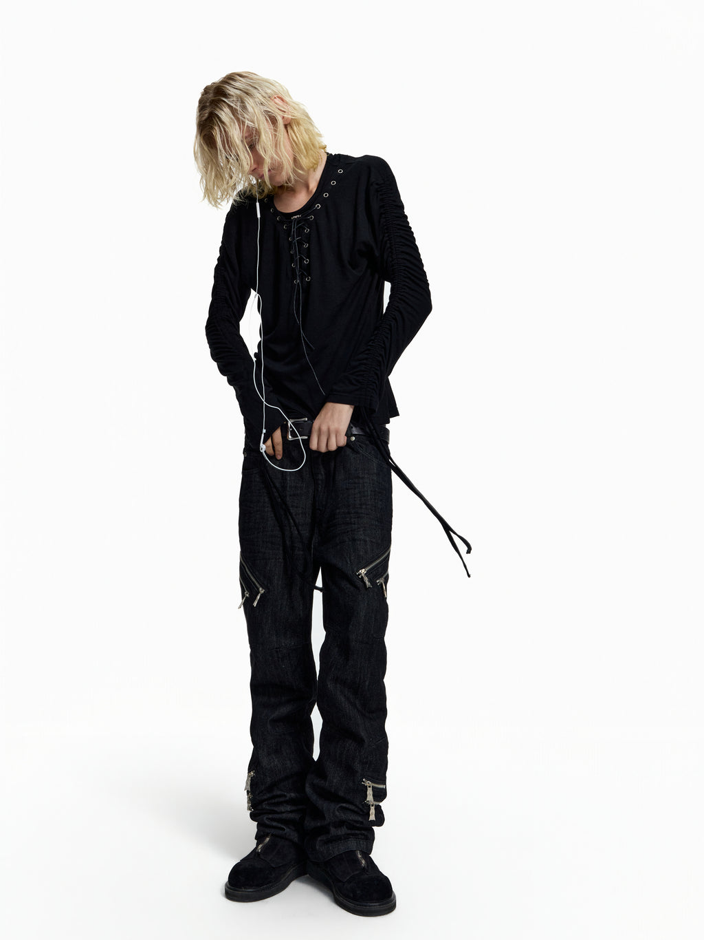 Flyerrer Dark‑Punk Gathered‑Ribbon Strap Printed Wool Base‑Layer Tee FR384