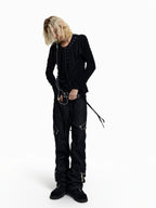 Flyerrer Dark‑Punk Gathered‑Ribbon Strap Printed Wool Base‑Layer Tee FR384