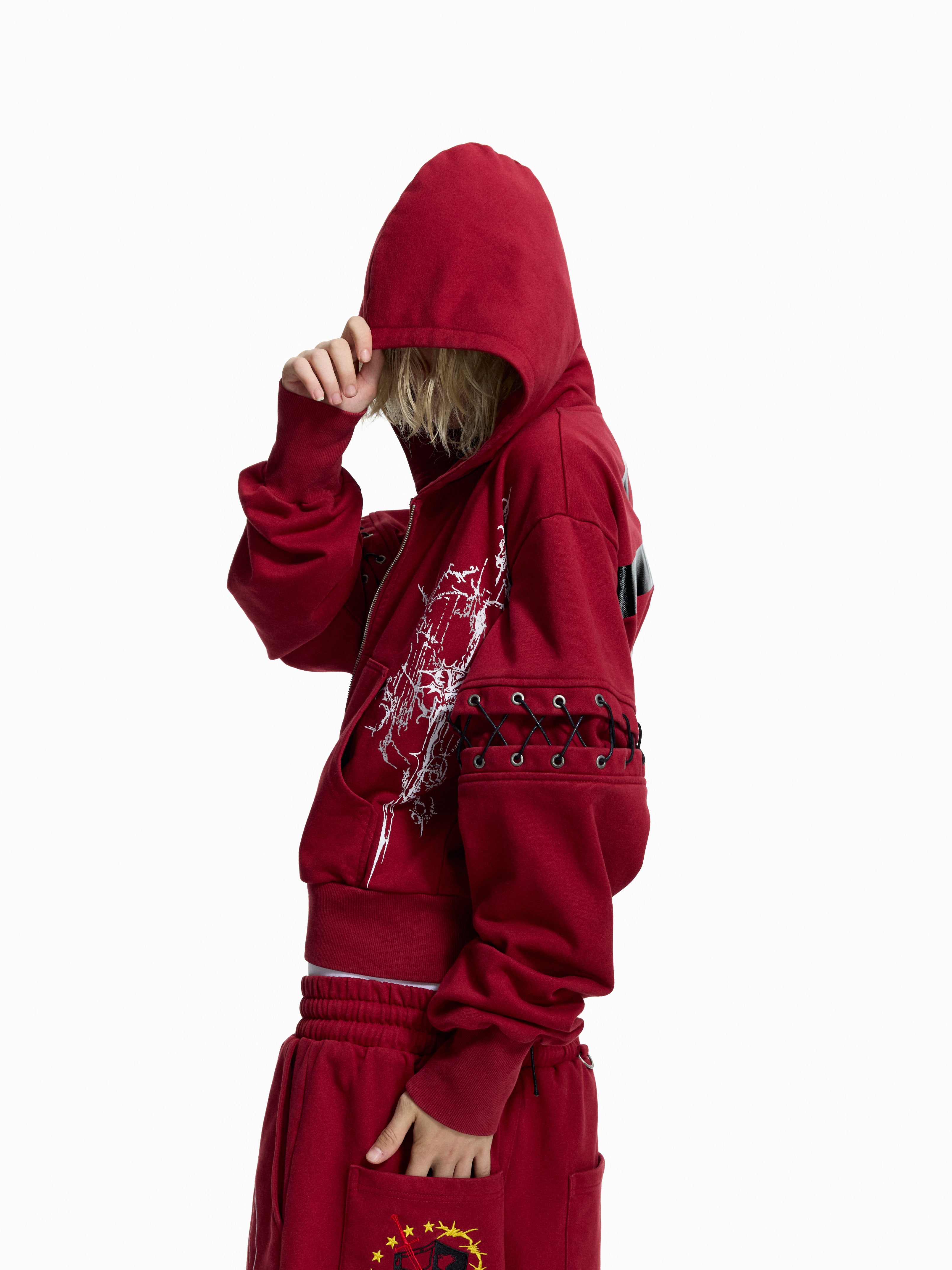Flyerrer Punk Cropped Wax‑Cord Strap‑Sleeve Zip‑Up Hoodie  FR377