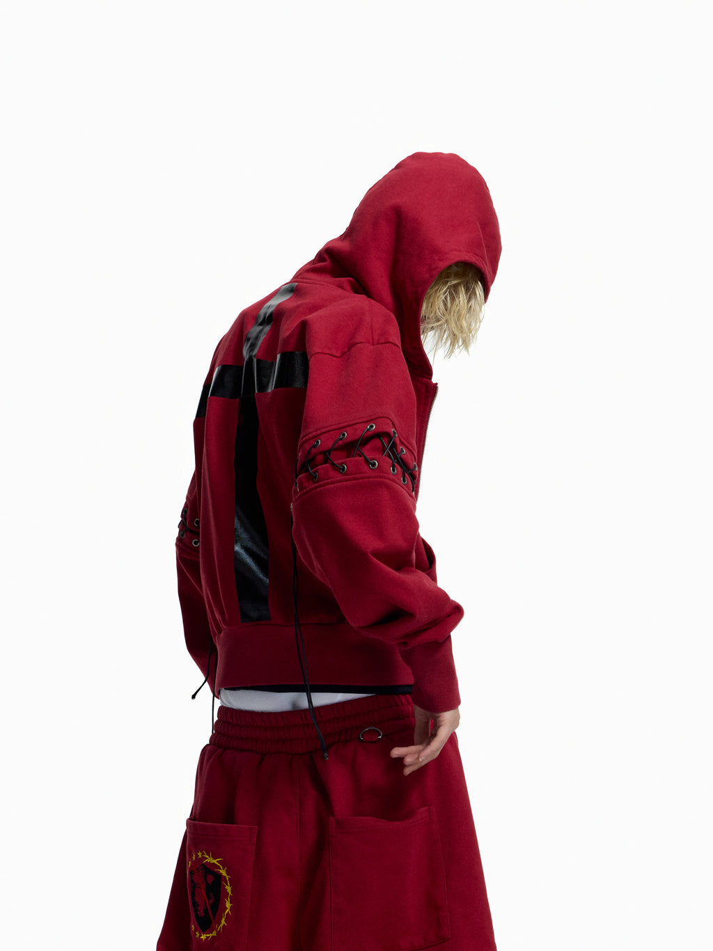 Flyerrer Punk Cropped Wax‑Cord Strap‑Sleeve Zip‑Up Hoodie  FR377