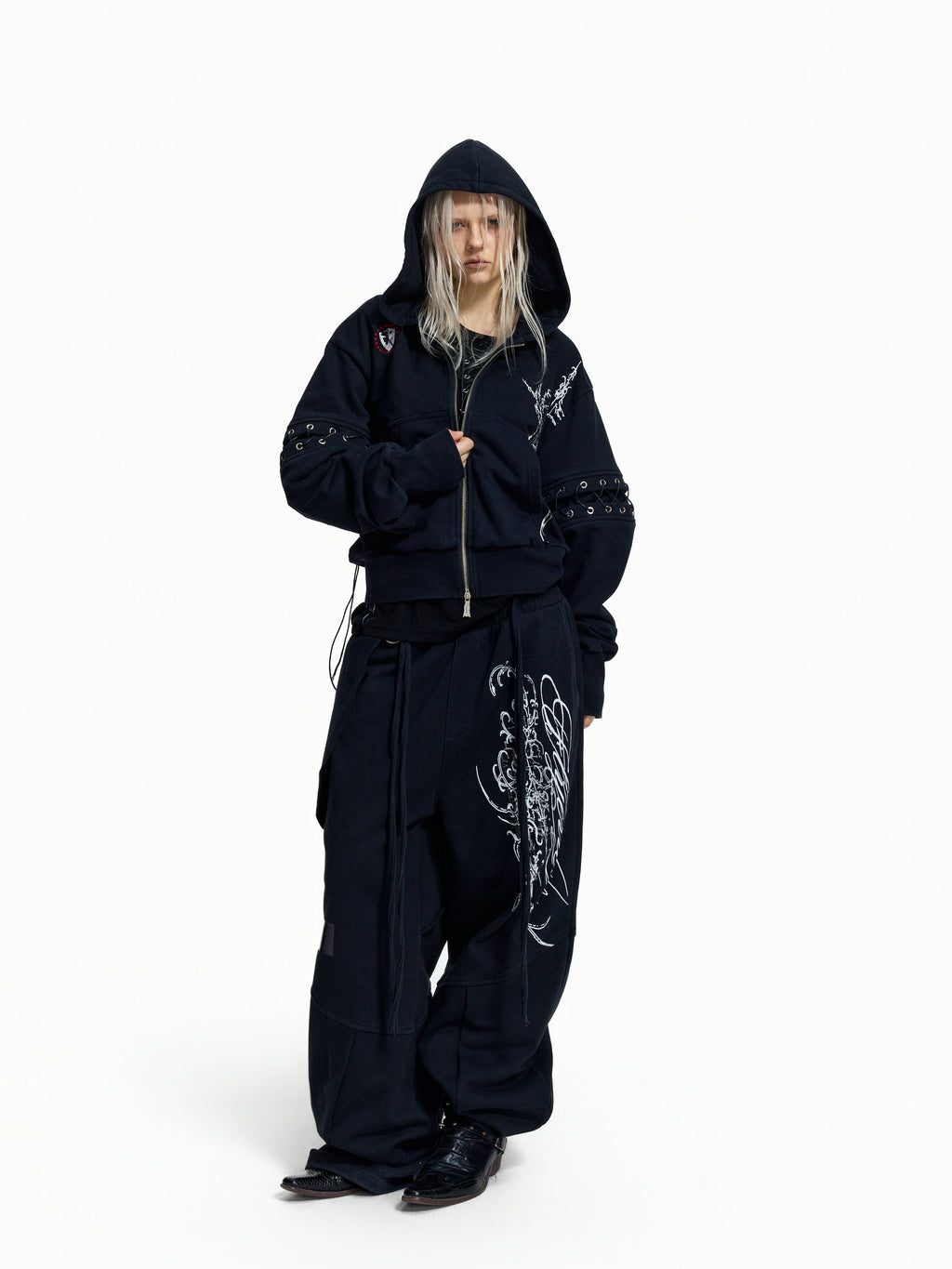 Flyerrer Punk Cropped Wax‑Cord Strap‑Sleeve Zip‑Up Hoodie  FR377