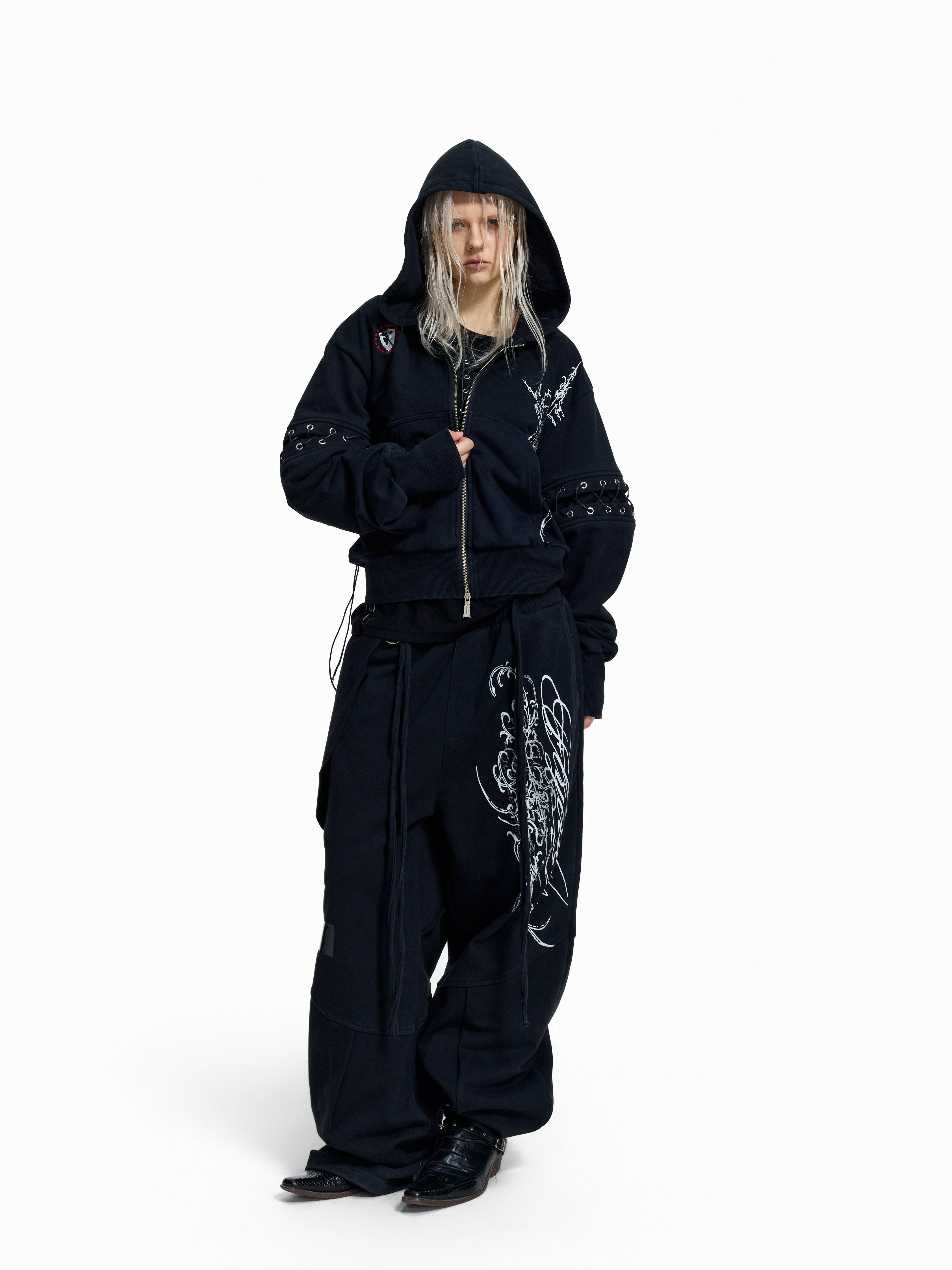 Flyerrer Punk Cropped Wax‑Cord Strap‑Sleeve Zip‑Up Hoodie  FR377