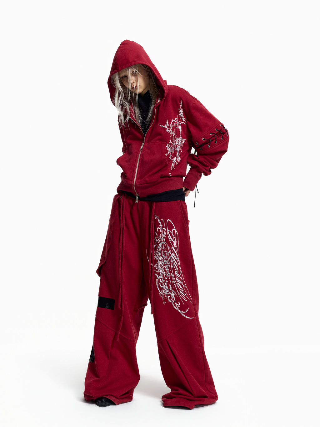 Flyerrer Punk Cropped Wax‑Cord Strap‑Sleeve Zip‑Up Hoodie  FR377
