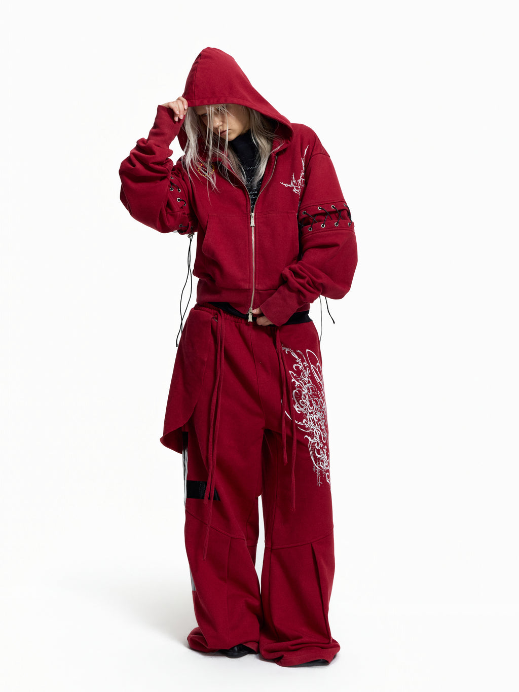 Flyerrer Punk Cropped Wax‑Cord Strap‑Sleeve Zip‑Up Hoodie  FR377