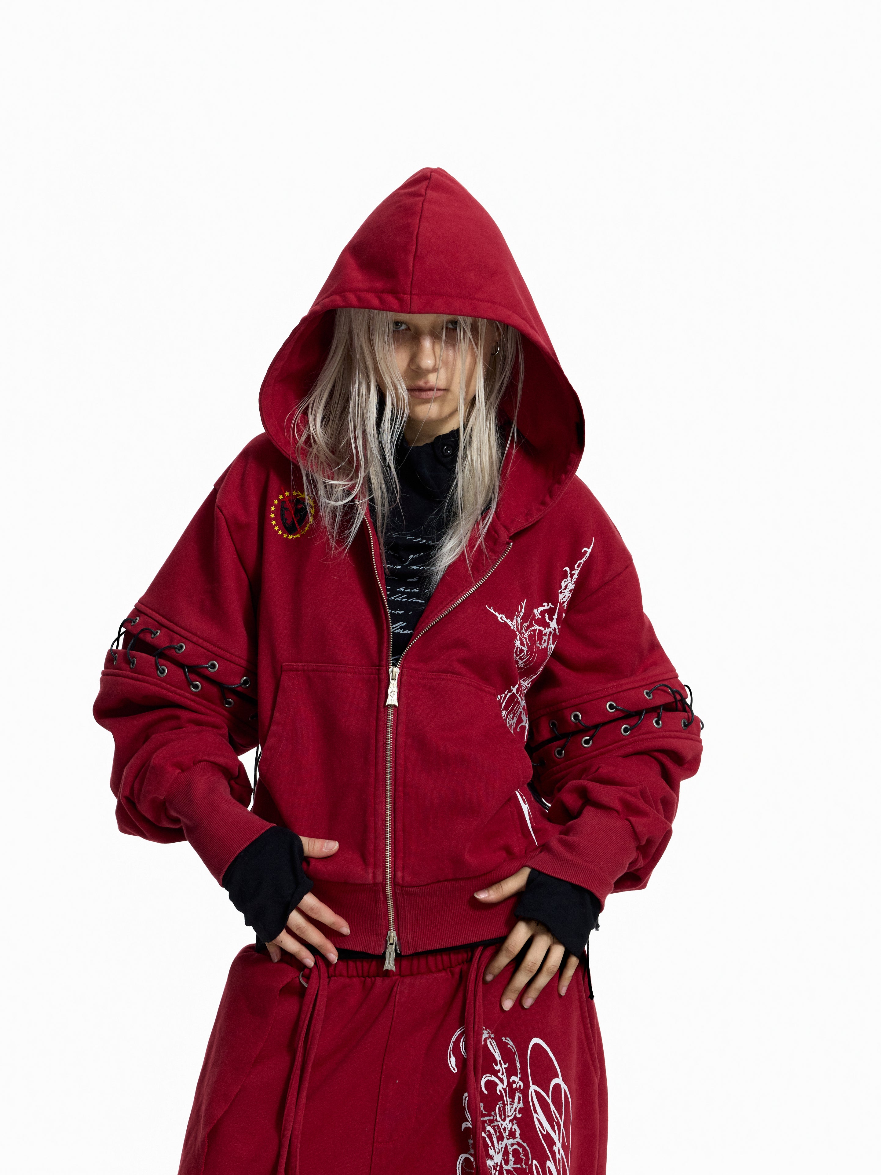 Flyerrer Punk Cropped Wax‑Cord Strap‑Sleeve Zip‑Up Hoodie  FR377