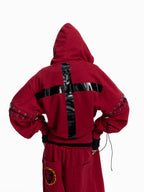 Flyerrer Punk Cropped Wax‑Cord Strap‑Sleeve Zip‑Up Hoodie  FR377