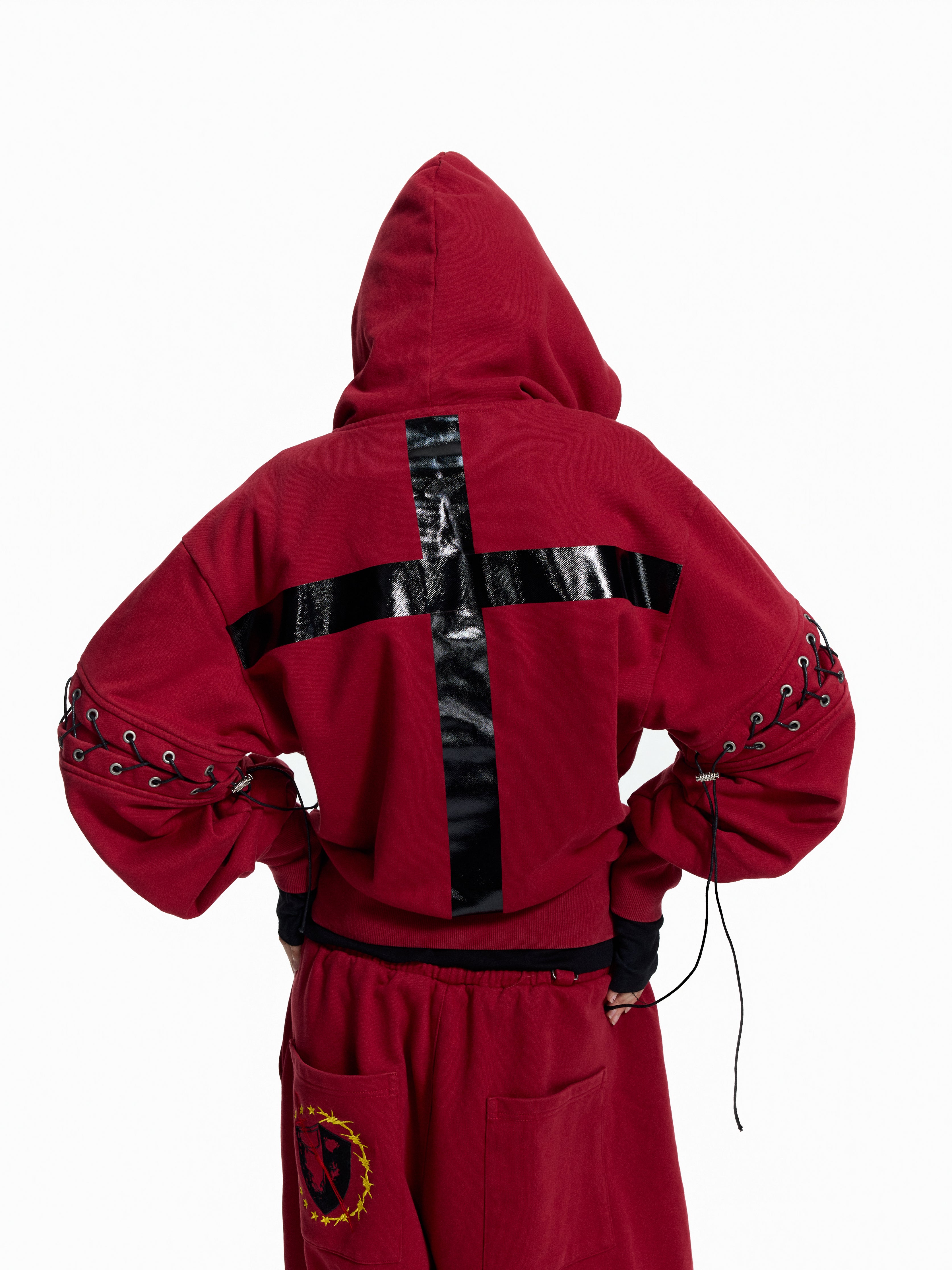 Flyerrer Punk Cropped Wax‑Cord Strap‑Sleeve Zip‑Up Hoodie  FR377