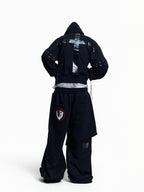 Flyerrer Punk Cropped Wax‑Cord Strap‑Sleeve Zip‑Up Hoodie  FR377
